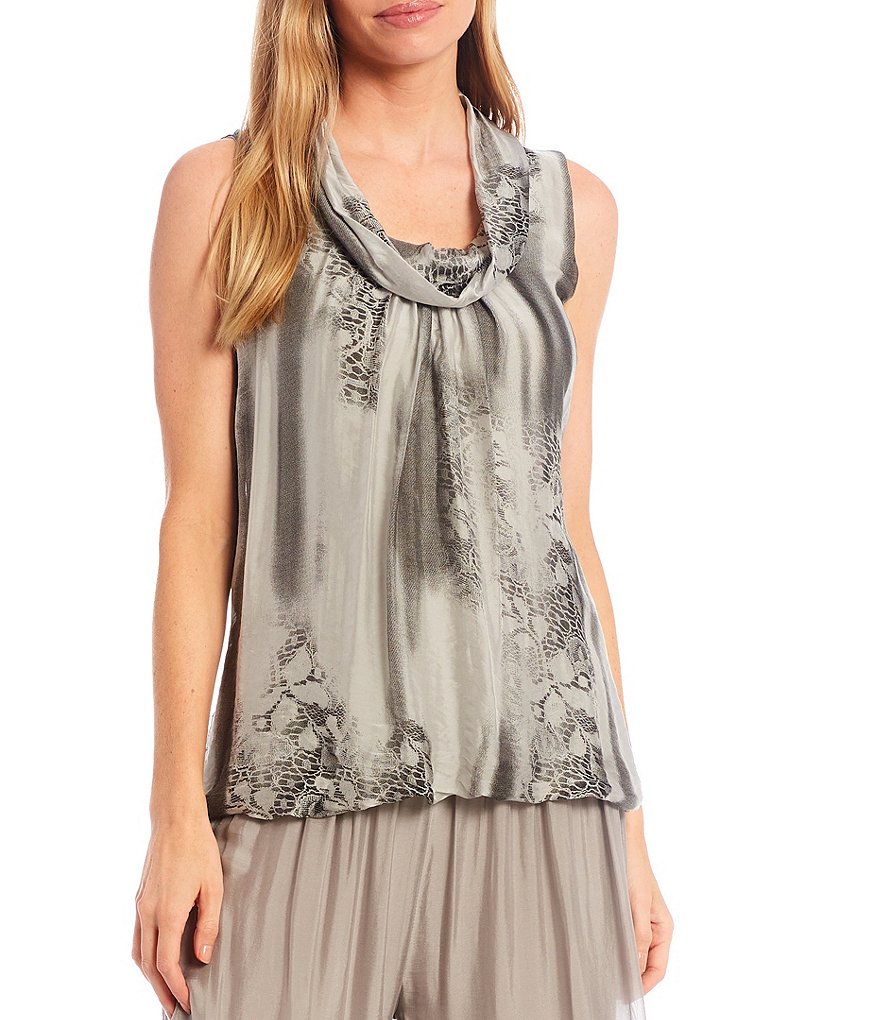 M Made in Italy Drape Neck Sleeveless Silk Blend Abstract Floral Motif Tunic