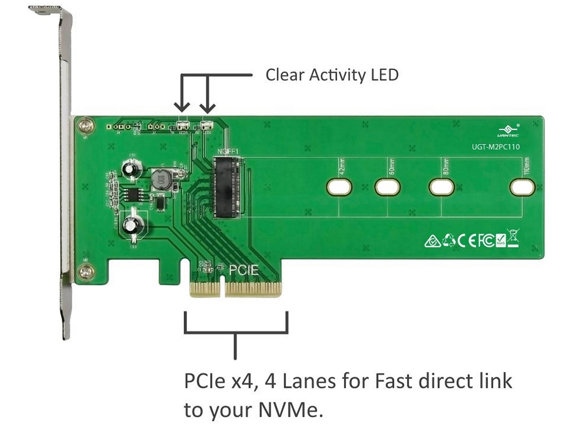 VANTEC UGT-M2PC110 M.2 NVMe PCIe X4 Adapter For Extra Long 110mm Module
