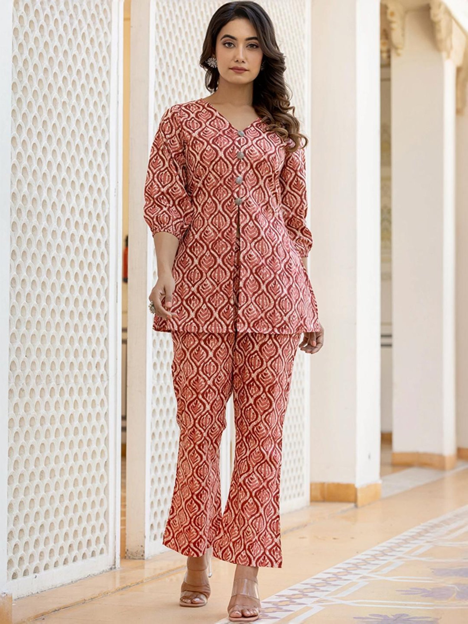 Yufta Maroon Cotton Printed Tunic Pant Set