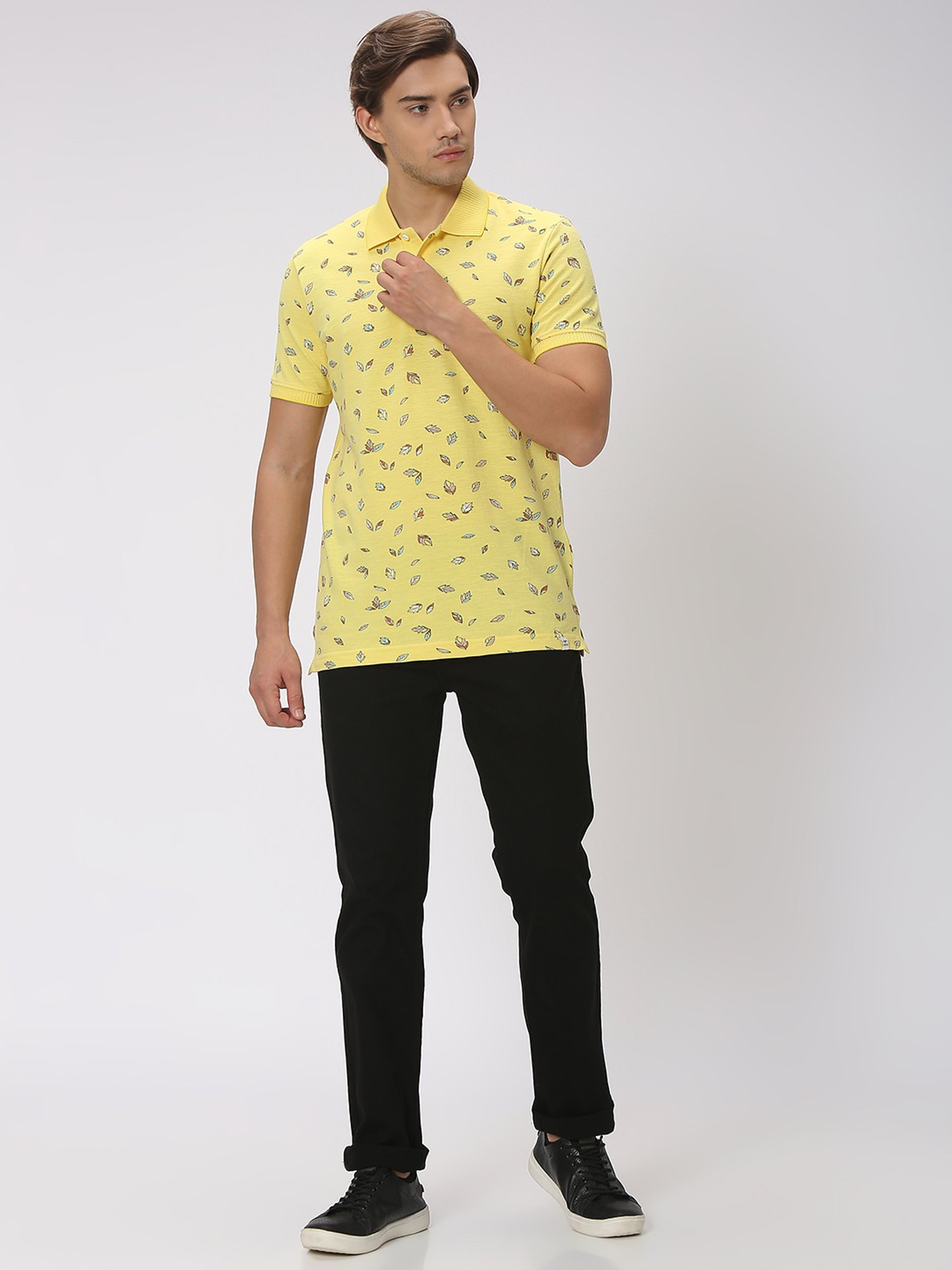 Mufti Yellow Slim Fit Printed Cotton Polo T-Shirt