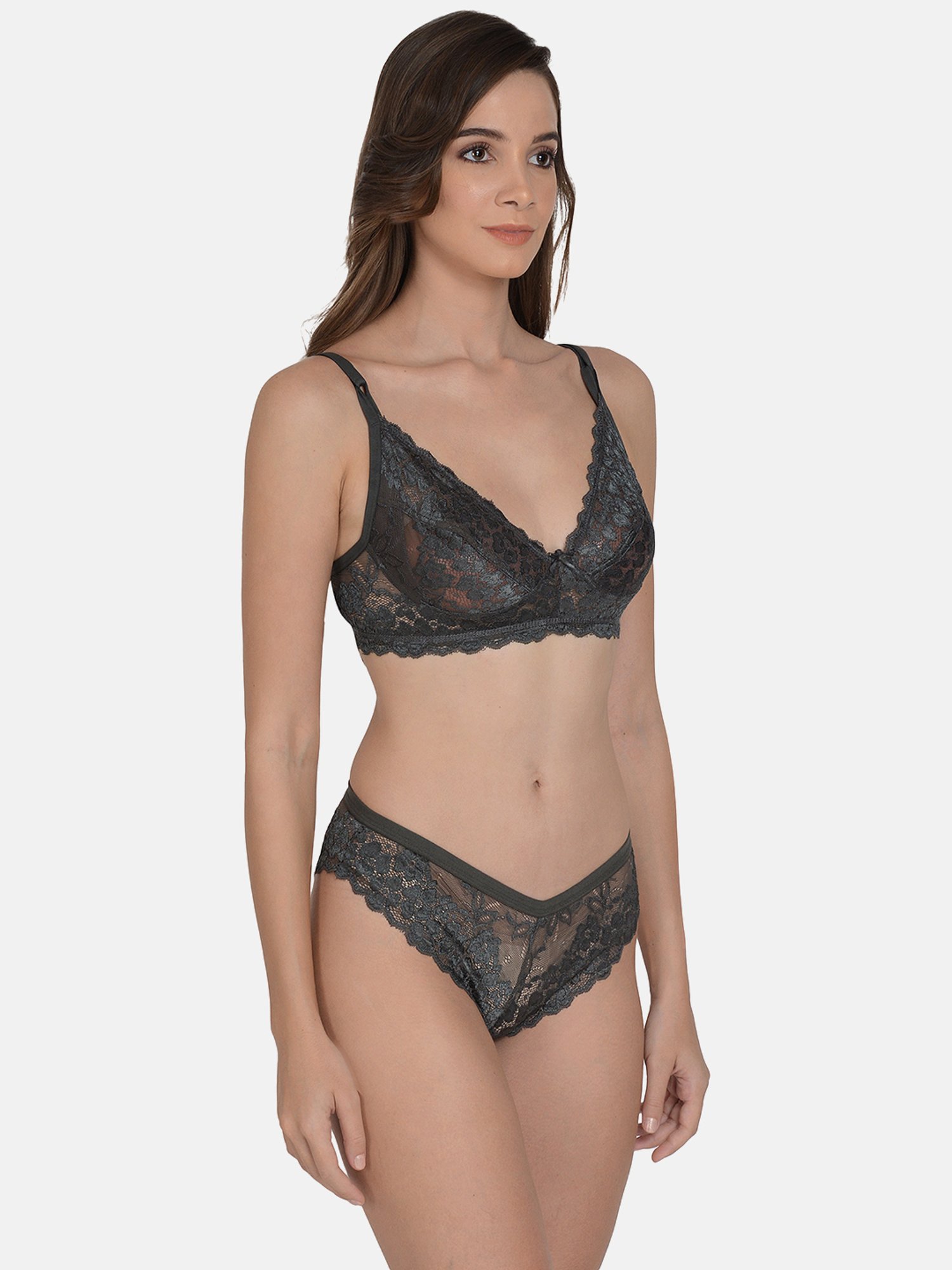 mod & shy Grey Self Pattern Lingerie Set