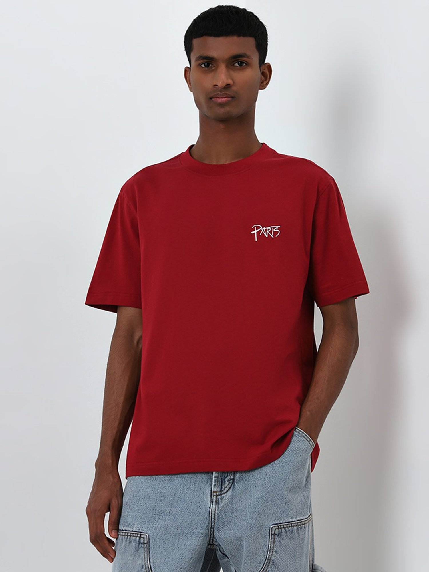 Nuon by Westside Red Text Design Relaxed-Fit Cotton T-Shirt