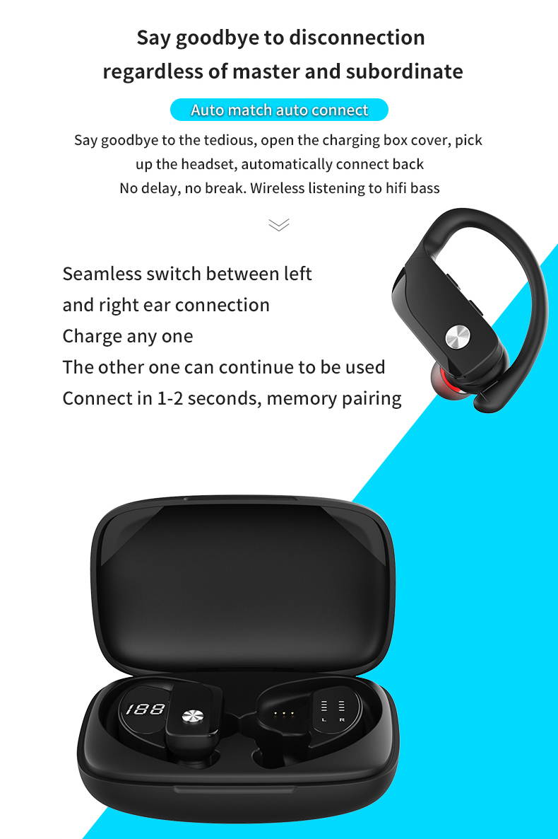 Wireless Bluetooth 5.0 Earphones Sport Ear-hook TWS Earbuds LCD Digital Display Gaming Headphone Long Standy