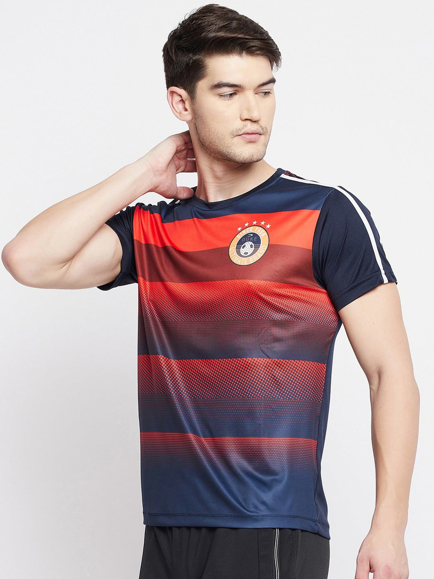 Duke Navy Slim Fit Printed Round Neck Sports T-Shirt