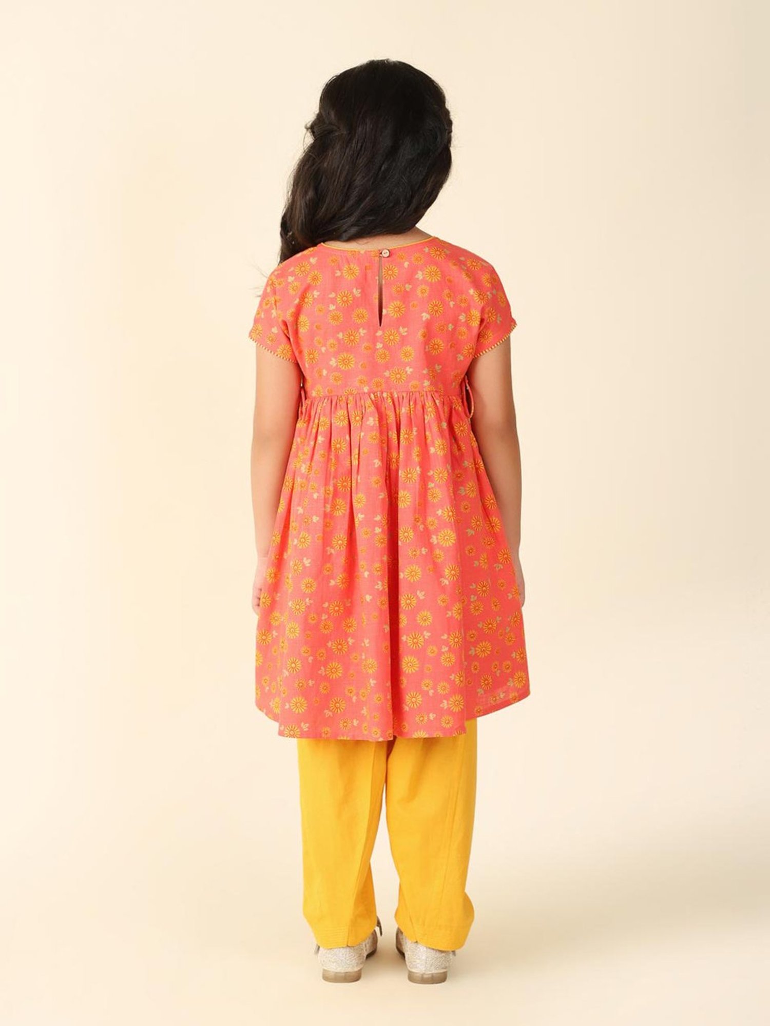 Fabindia Kids Coral & Yellow Floral Print Kurta, Salwar with Dupatta