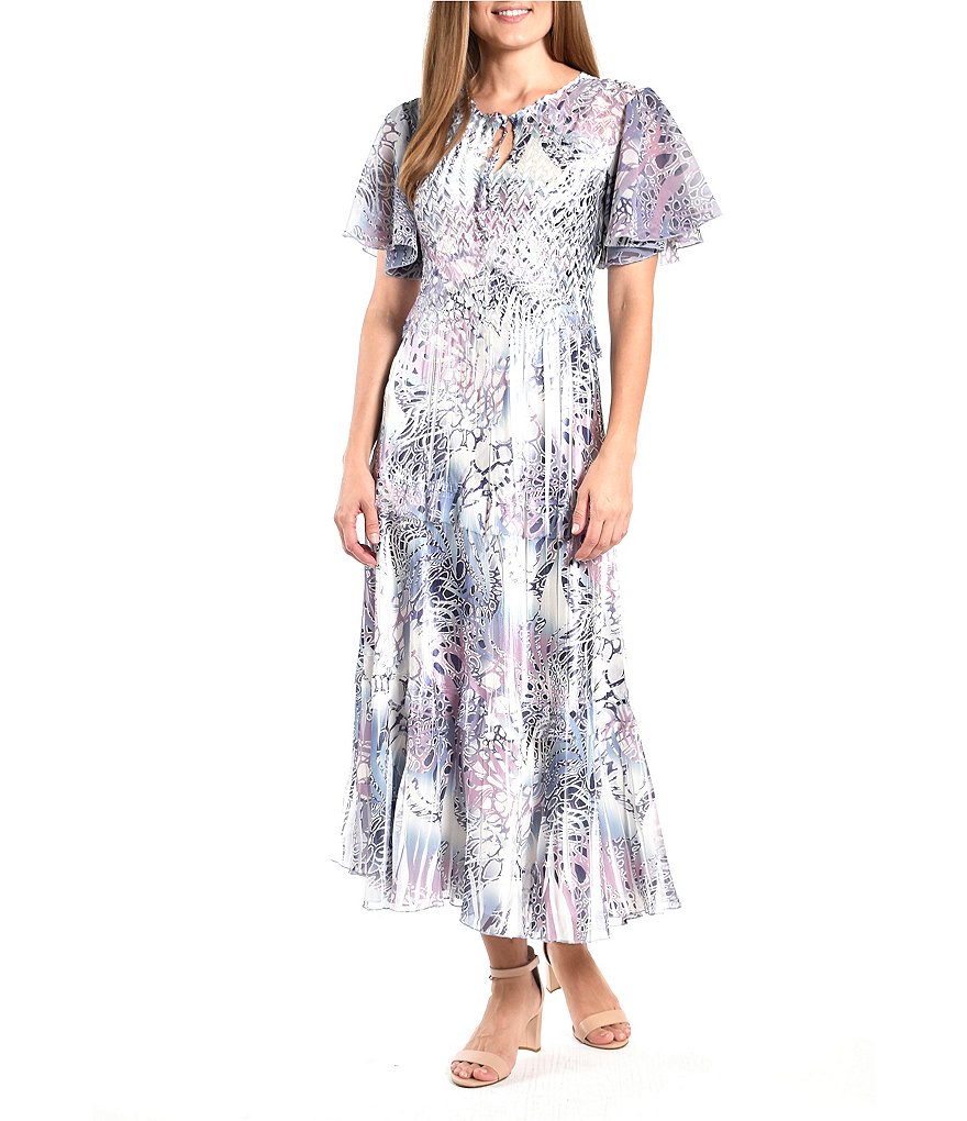 Komarov Aqua Animal Print Keyhole Flutter Sleeve A-Line Ankle Length Dress