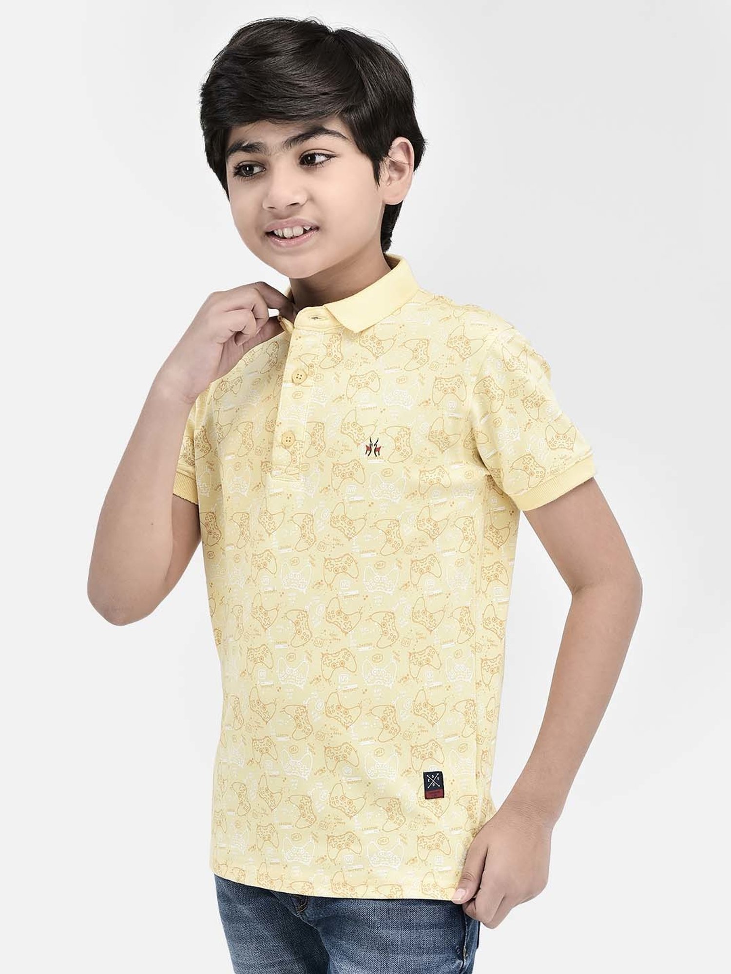 Crimsoune Club Kids Yellow Printed Polo T-Shirt