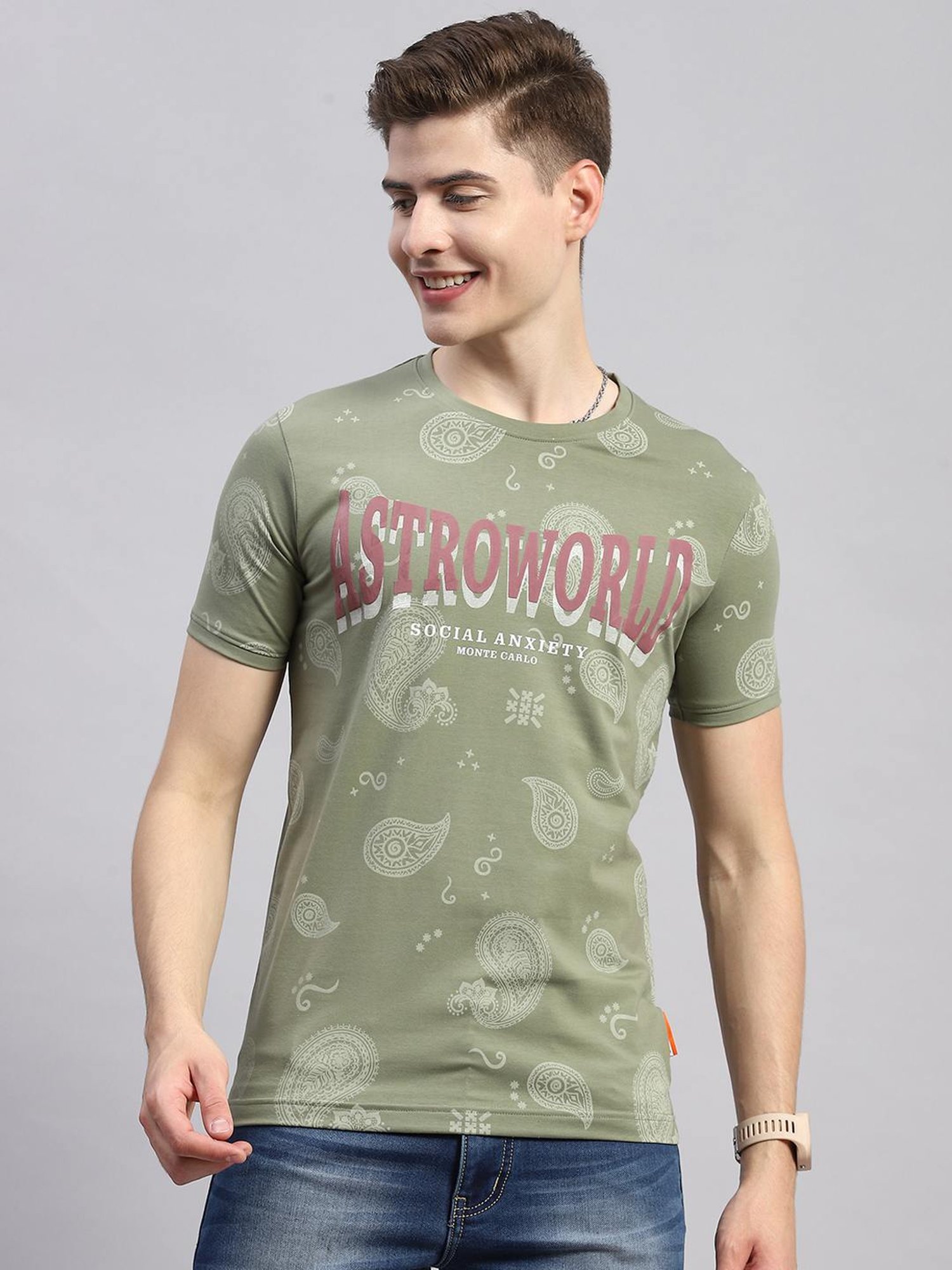 Monte Carlo Olive Smart Fit Printed T-Shirt