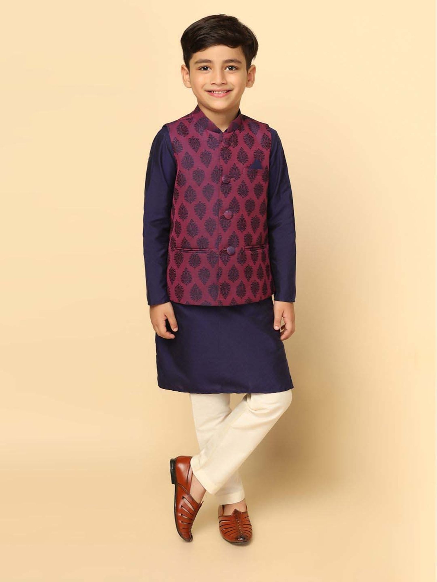KISAH Kids Purple & White Embroidered Full Sleeves Kurta Set