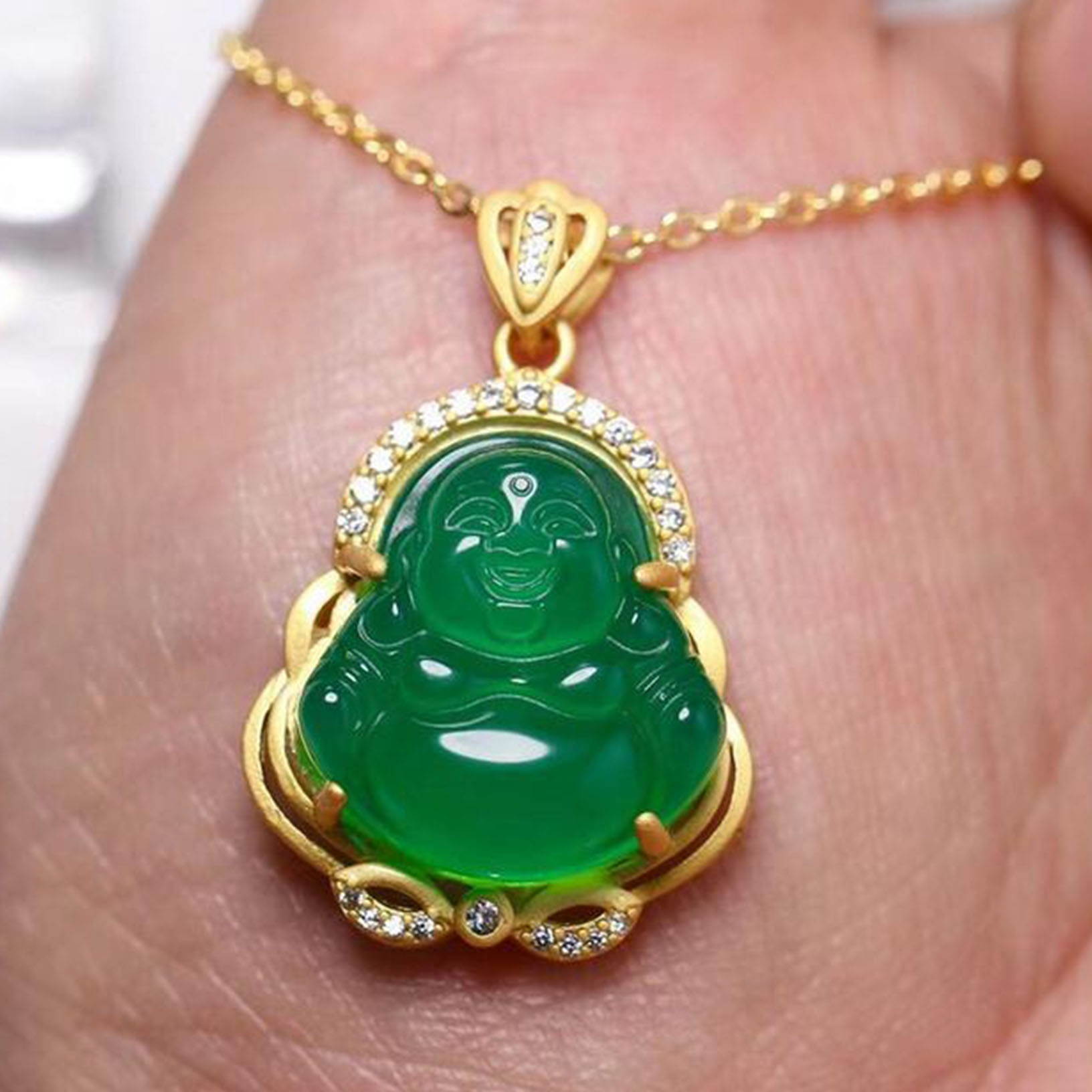 Beautiful Dark Green Jade Buddha Pendant Necklace 14k Gold Plated Chinese Jade