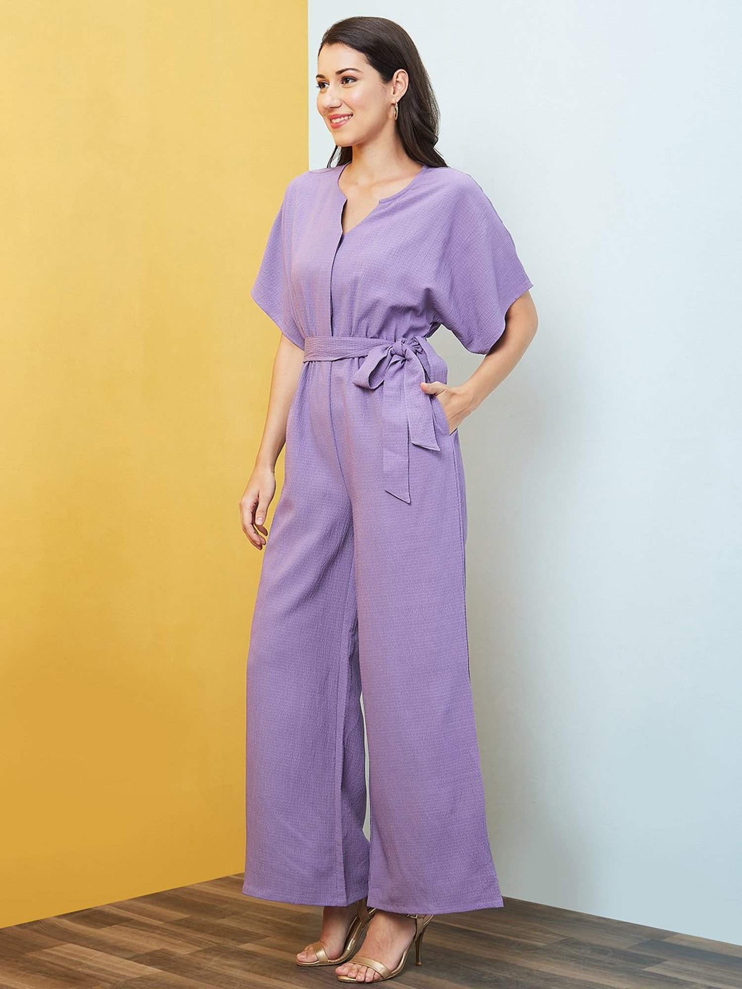 Globus Women Lavender Round Neck With V Cut & Kimono Sleeves Waist Tie-Up Longline Jumpsuit