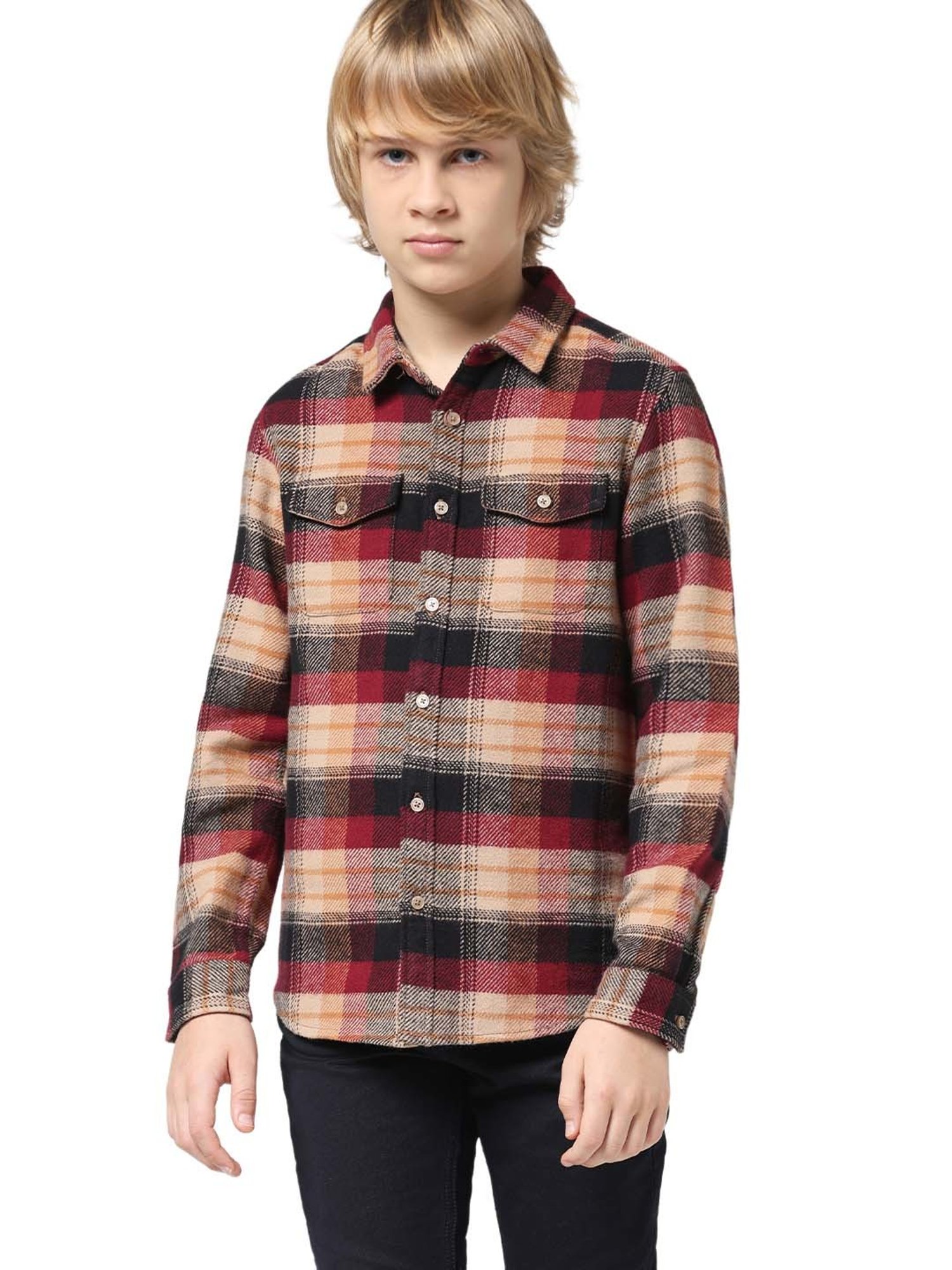 Jack & Jones Junior Maroon & Cream Cotton Chequered Full Sleeves Shirt