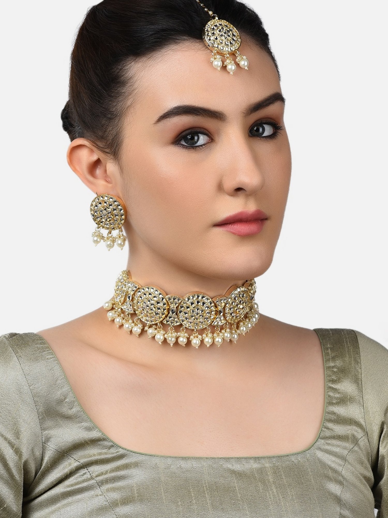 Zaveri Pearls Gold Tone Traditional Kundan Necklace, Earring & MaangTikka Set