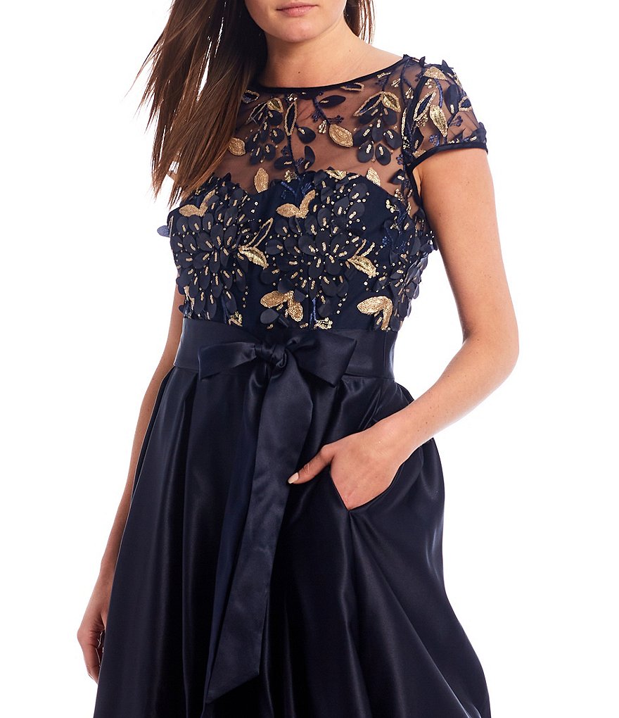 Xscape 3D Flower Bodice Illusion Mesh V-Back Satin Ball Gown