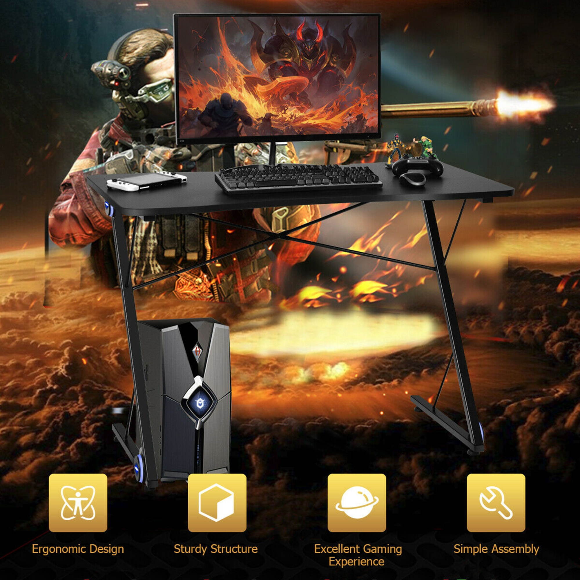 Classic 43.5 inch Gaming Desk Z Shape Office PC Computer Desk Gamer Tables w/ LED Lights