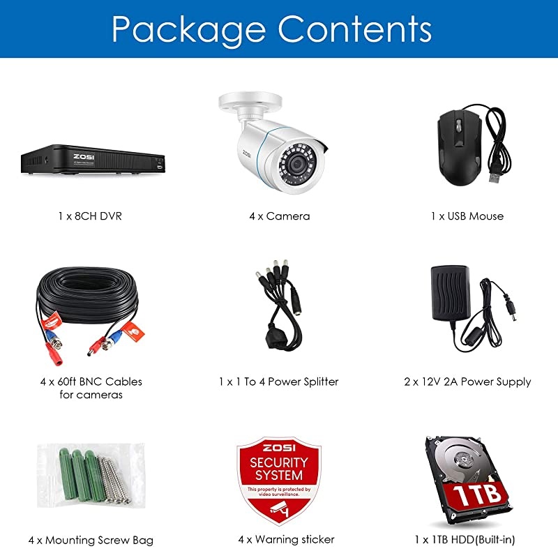 H265+ Home Security Camera System 1080pCCTV DVR 8 Channel with Hard Drive 1TB and 4 x Surveillance Bullet Camera 1080p OutsideRemote Access and Motion Detection