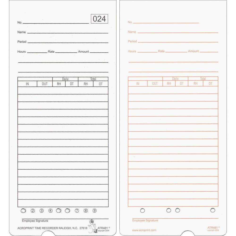 Acroprint Time Card for ATR480 Totalizing Electronic Time Clock 7 1/2 x 3.35 50