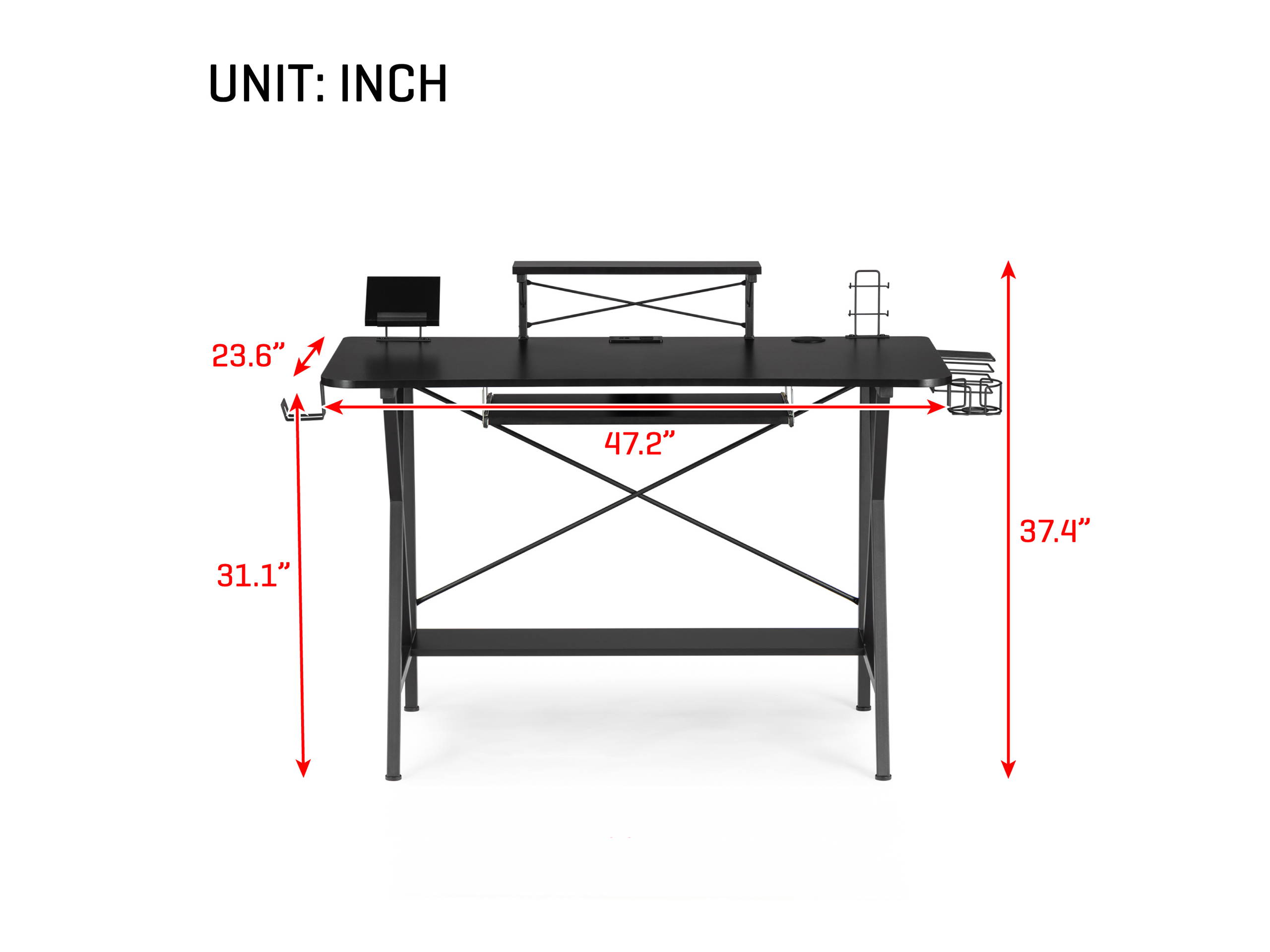 47" Gaming Desk Table, E-Sports Computer Desk with PC Stand Shelf Keyboard stand Power Strip with USB Cup Holder & Headphone Hook Home Office Desk Gamer Desk Writing Table, Carbon Fiber Coated Black