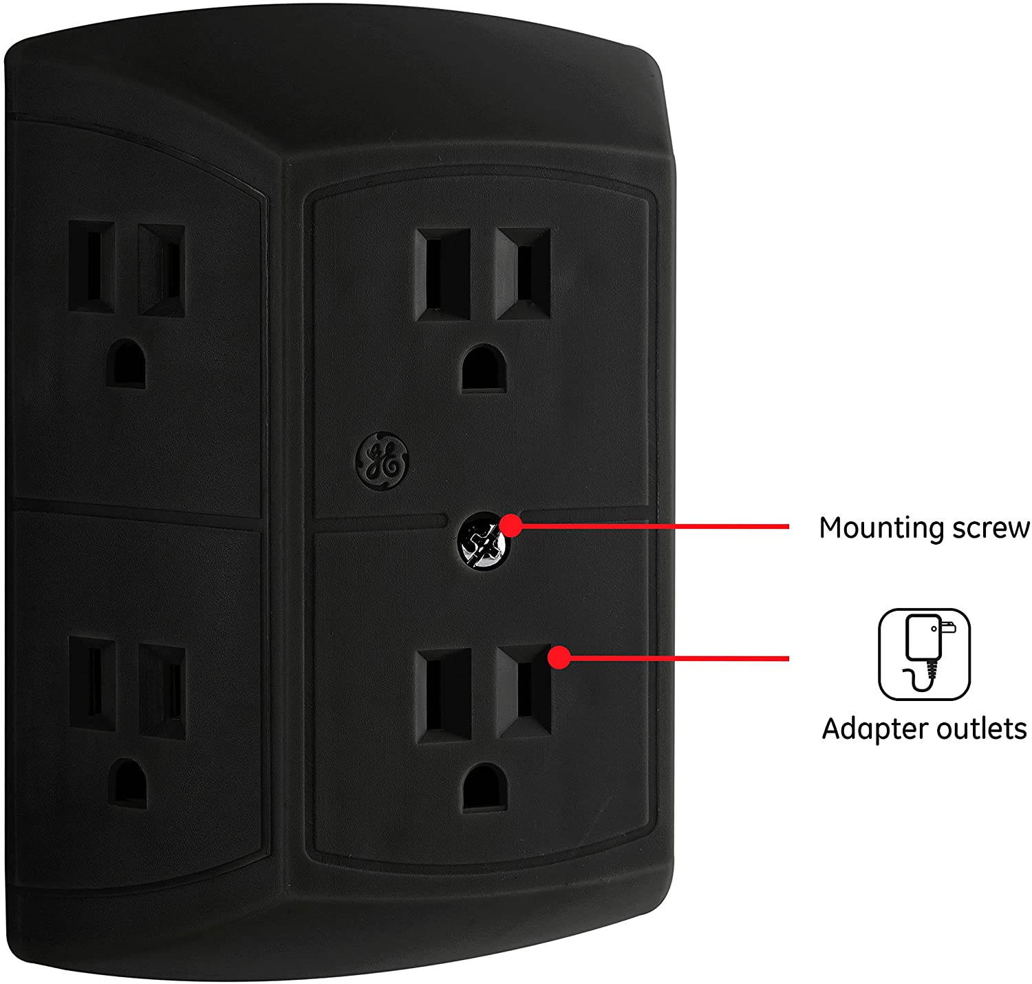 GE Pro 6 Outlet Surge Protector Adapter Spaced Tap, 3-Prong Power Strip, Charging Station, Side Access, White, 43648