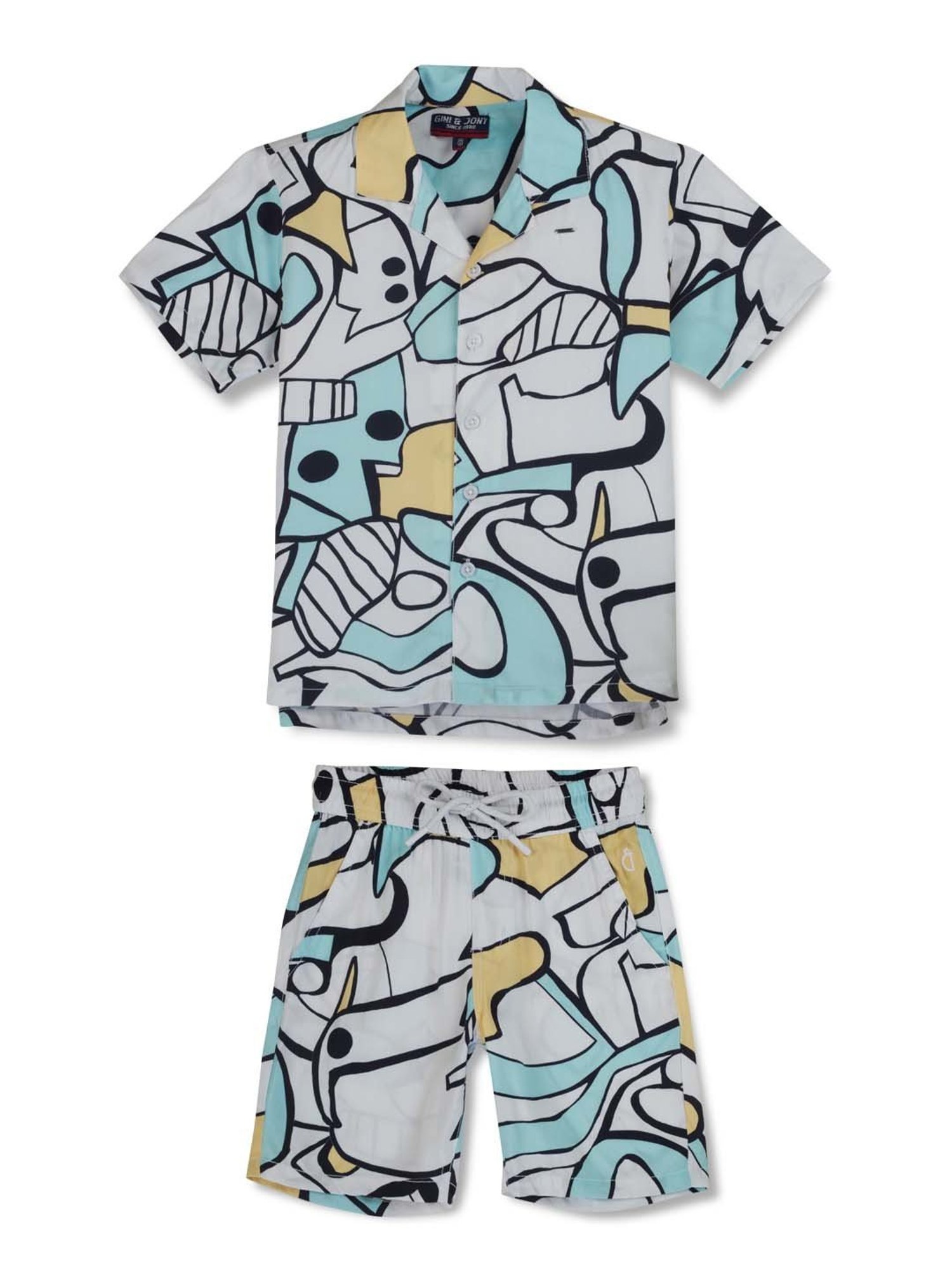 Gini & Jony Kids White & Blue Printed Shirt Set