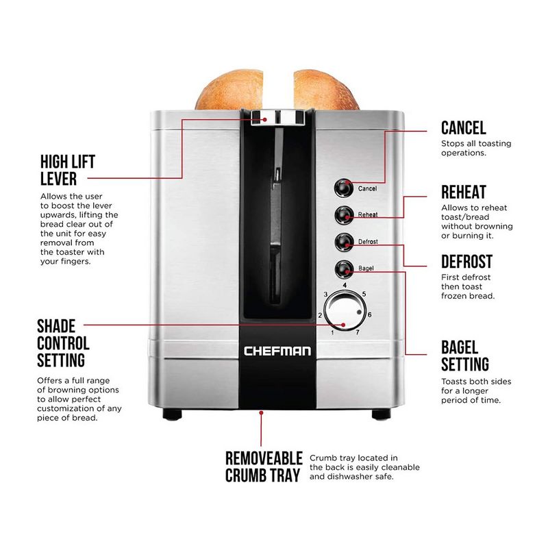 Chefman RJ31-SS-V2 Pop Up 2 Slice Stainless Steel 850W Kitchen Toaster with 7 Different Toasting Settings for Bagels, Bagels, Buns, Waffles, Silver