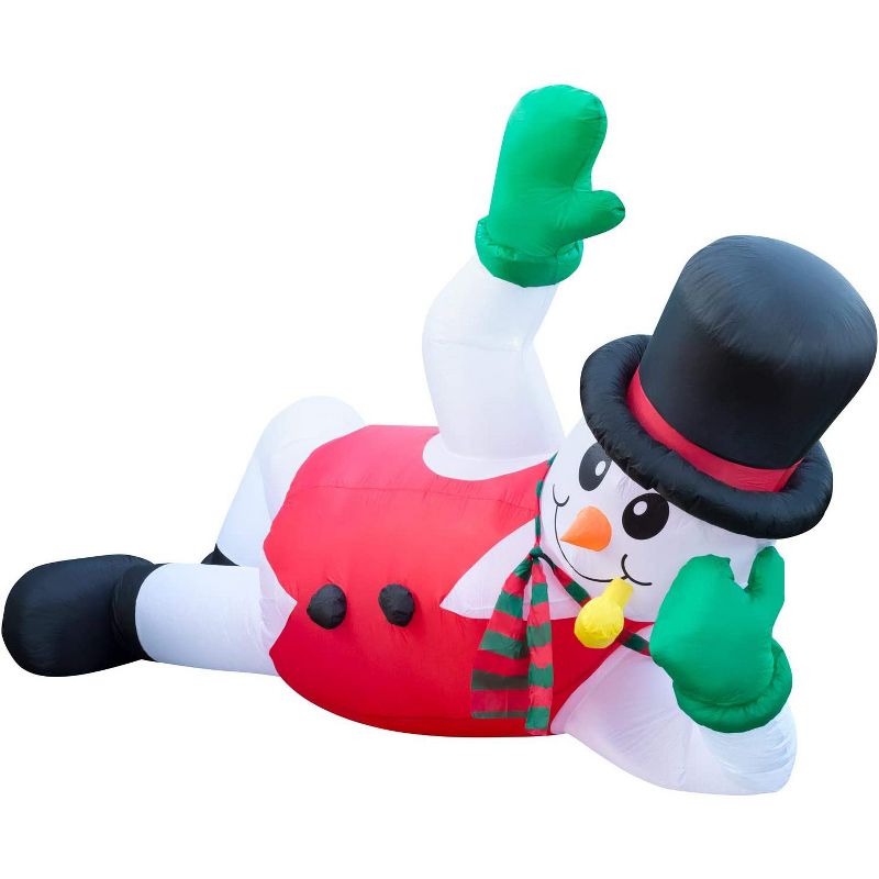 Holidayana 10 Foot Long Giant Inflatable Waving Snowman Holiday Ornament Yard Decoration with Blower Fan, Tie Down Straps, and Ground Anchor Stakes