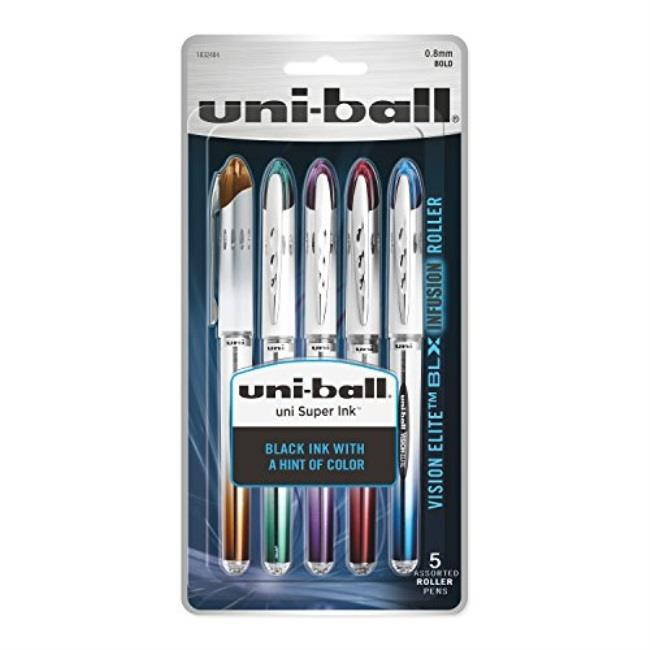 uniball vision elite blx infusion rollerball pens, bold point 0.8mm, assorted colors, 5 count