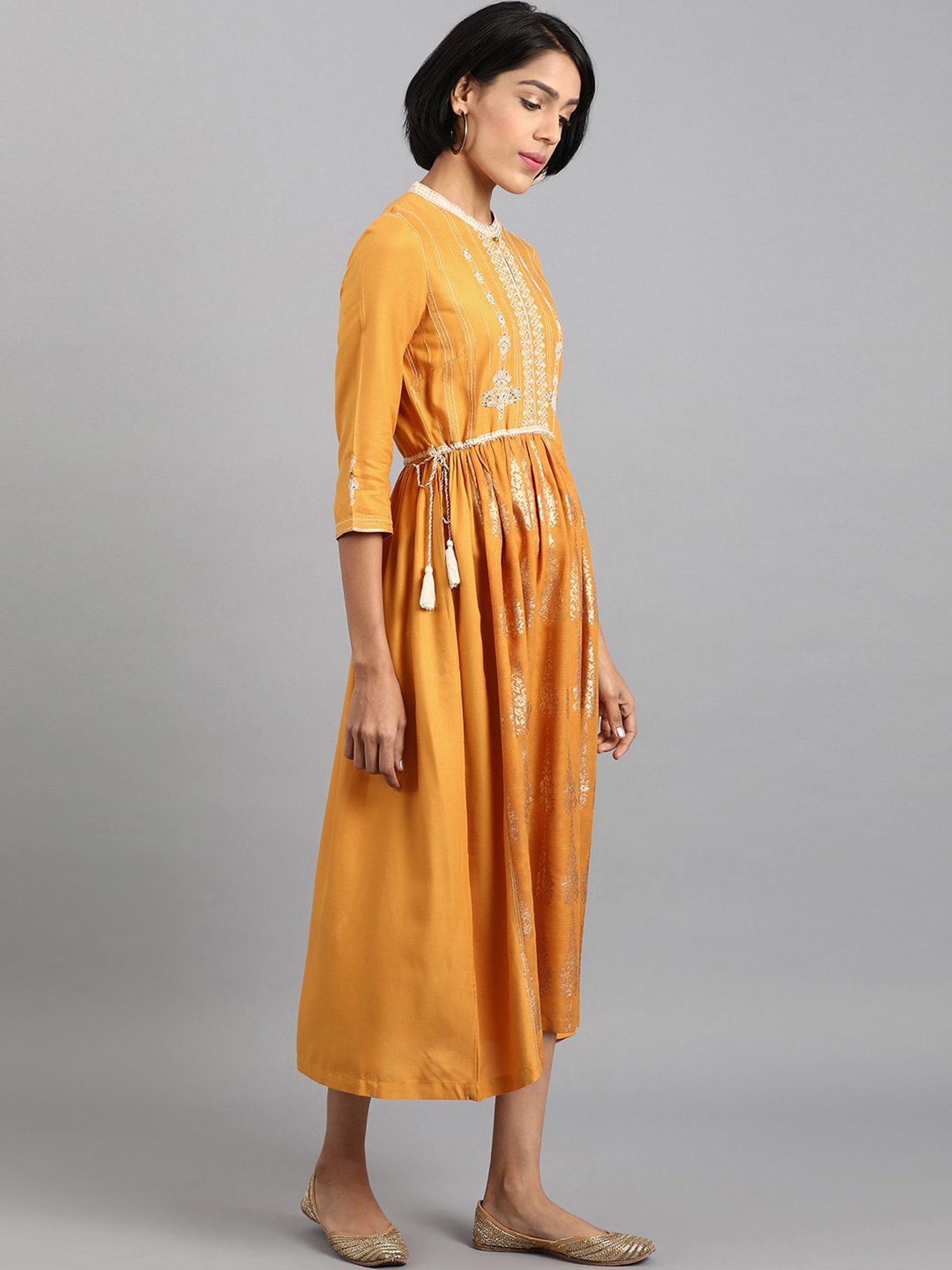 W Yellow Embroidered A-Line Dress