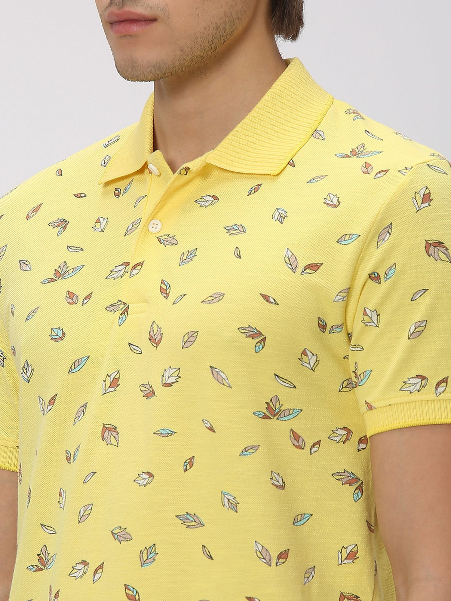 Mufti Yellow Slim Fit Printed Cotton Polo T-Shirt