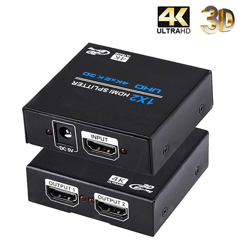 1x2 HDMI Splitter, 1 in 2 Out HDMI Splitter Audio Video Distributor Box Support 3D & 4K x 2K Compatible for HDTV, STB, DVD, Projector Etc