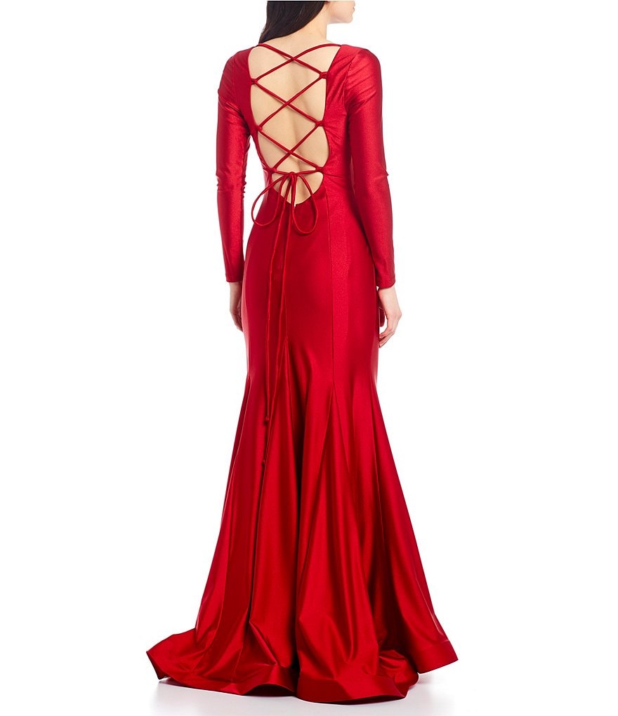 Blondie Nites Long Sleeve Lace-Up Back Stretch Satin Trumpet Dress