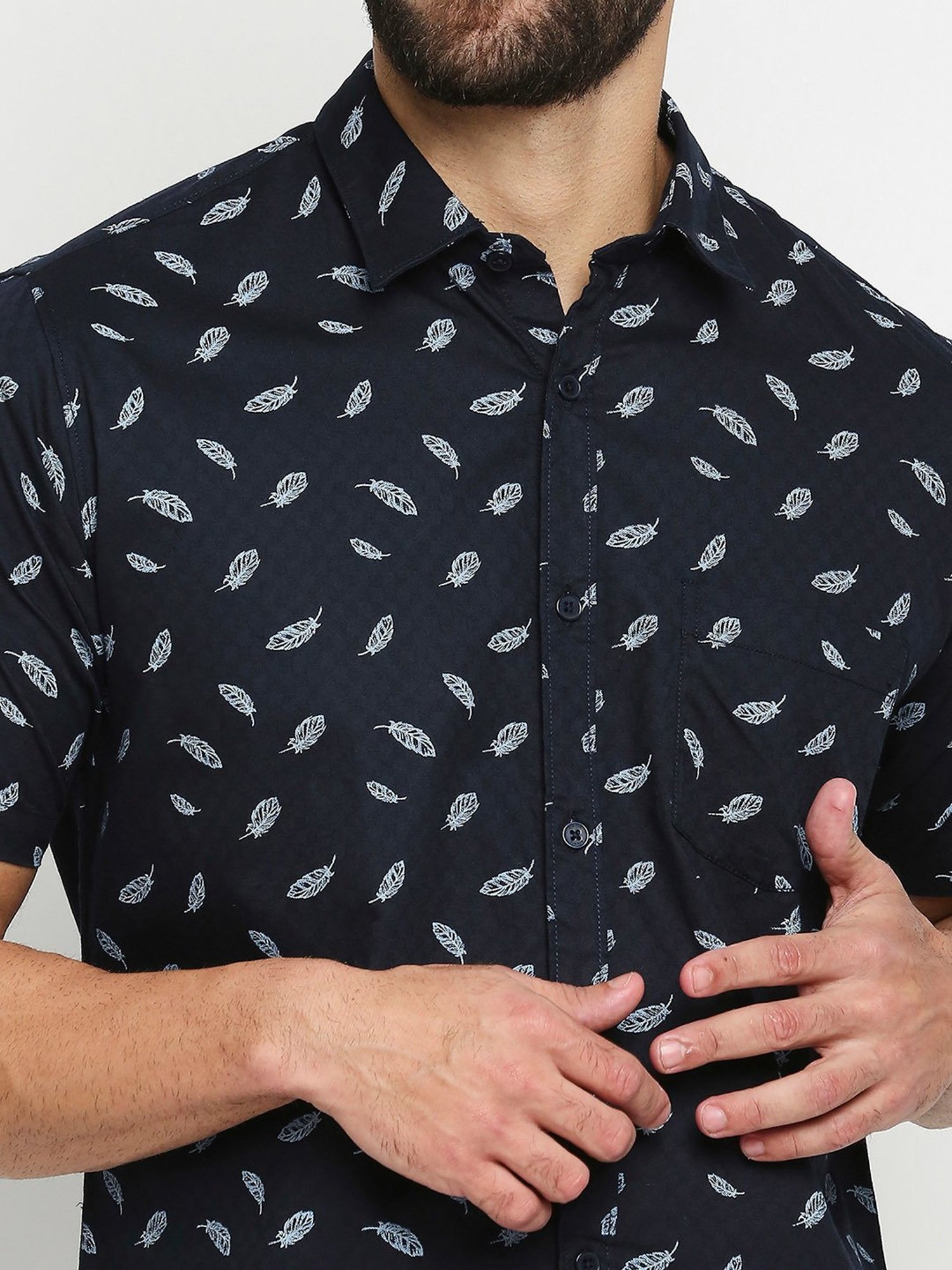 SOLEMIO Navy Slim Fit Printed Cotton Shirt