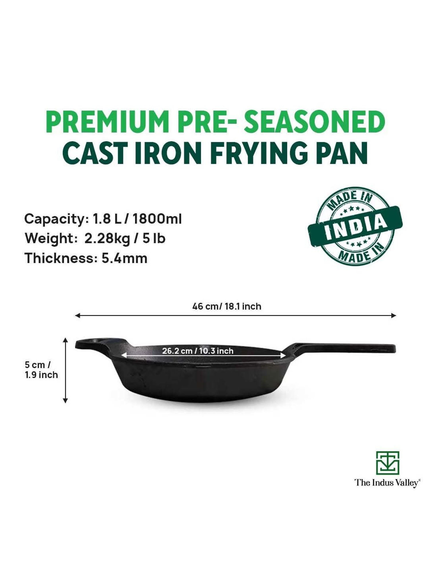 The Indus Valley Black Cast Iron 25.4 cm Fry Skillet With Long Handle (1.8 L)