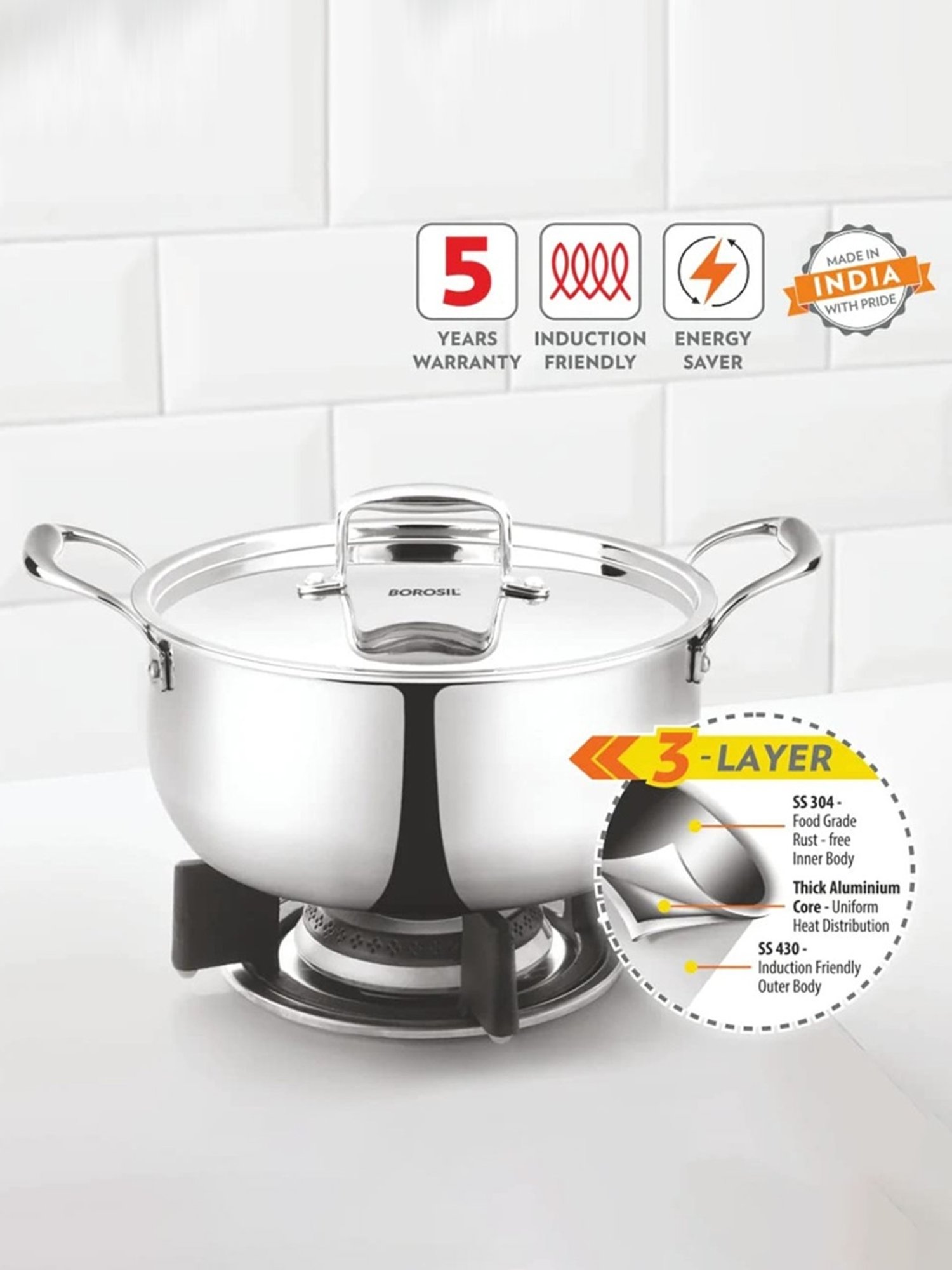 Borosil ?Silver ?Stainless Steel Casseroles (2100 ML)