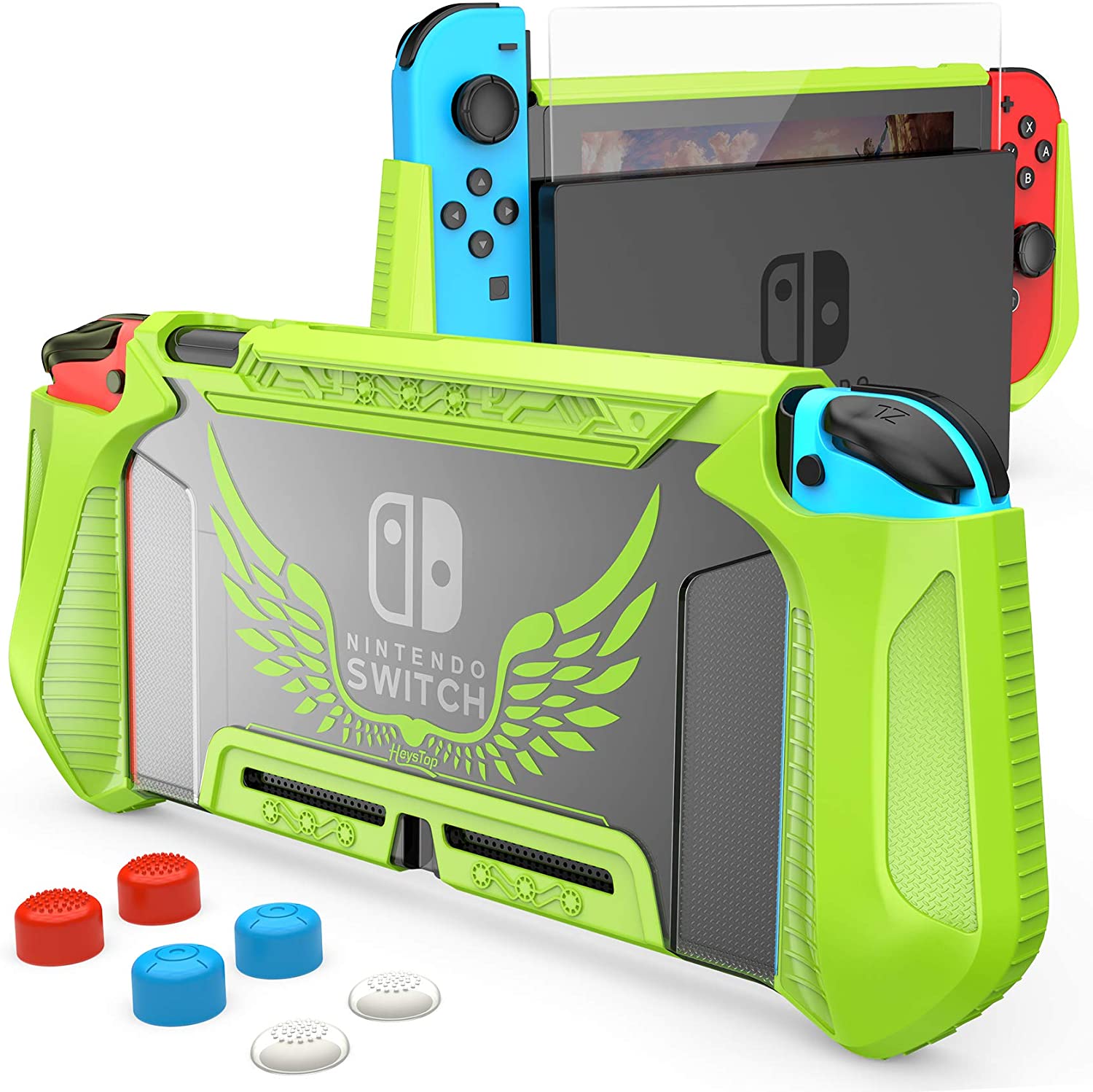 HEYSTOP Case Compatible with Nintendo Switch Case Screen Protector,TPU Protective Heavy Duty Cover Case for Nintendo Switch with Shock Absorption and Anti-Scratch (Green)