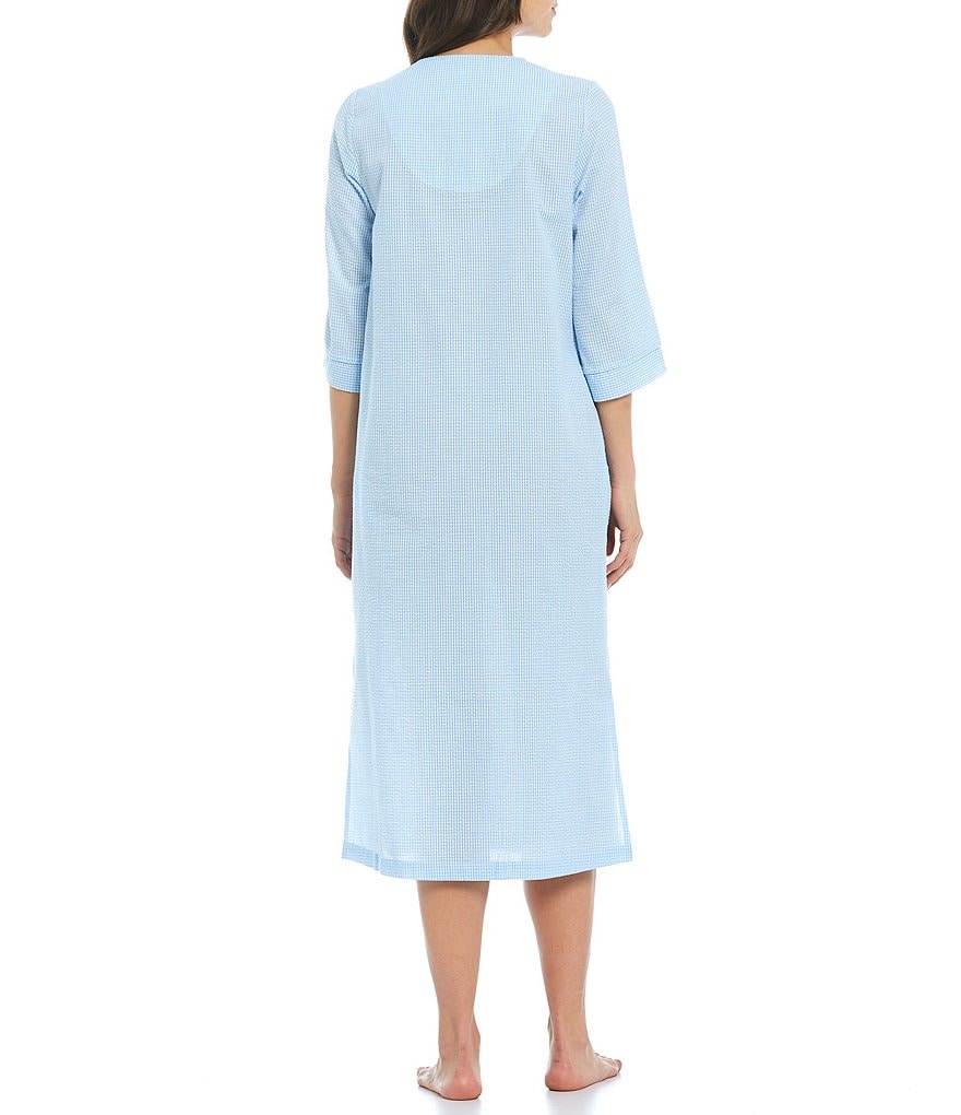 Miss Elaine Seersucker Checkered Print Long Zip-Front Robe