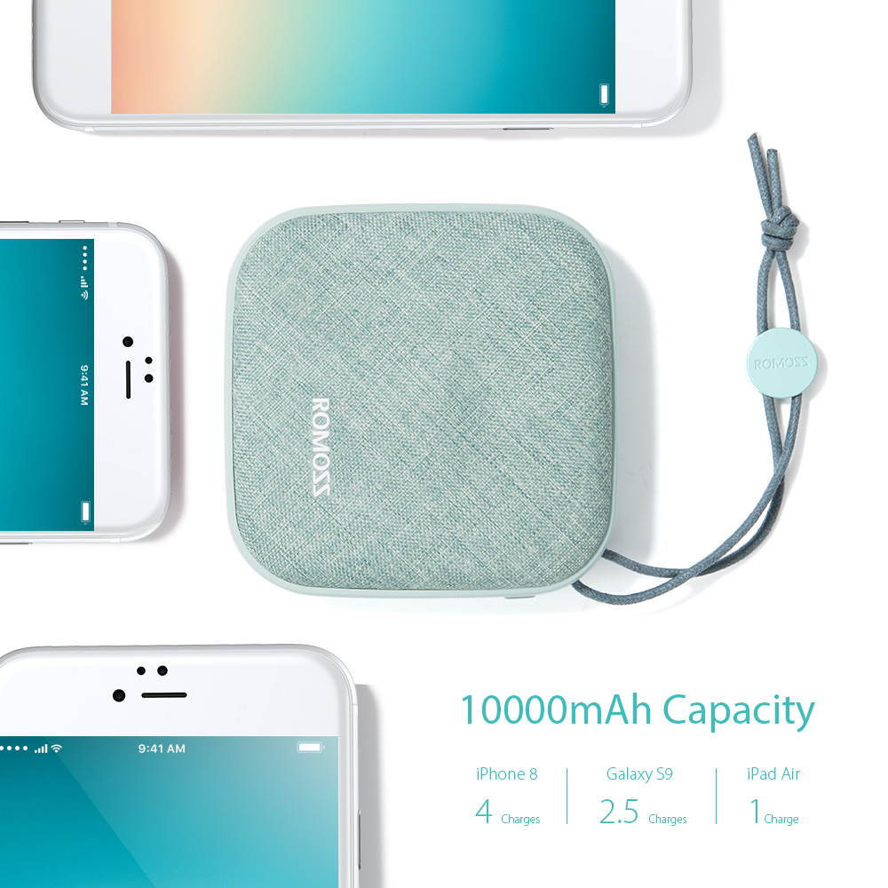 ROMOSS Style Power Bank 10,000mAh, Candybox 2.1A Dual USB Fabric Portable Charger with Hanging Ring Compatible for iPhone X, Samsung Galaxy S9 and More (Candy Green)