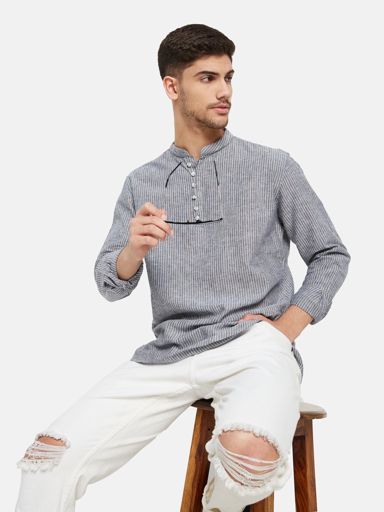 METTLE Grey Cotton Regular Fit Striped Shirt