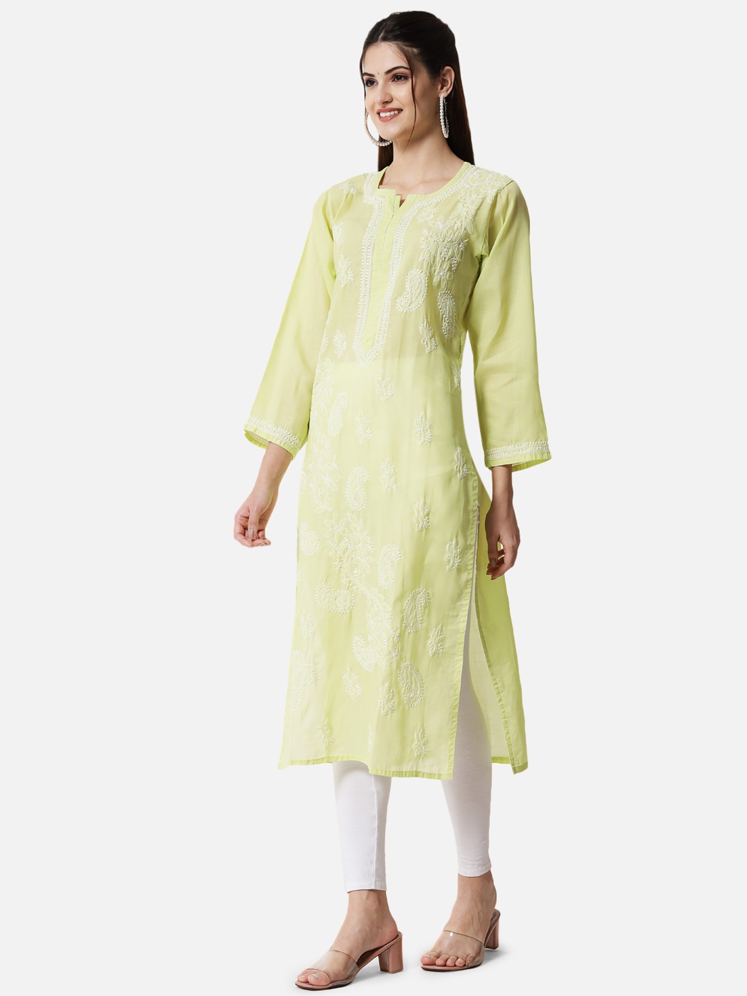 PARAMOUNT CHIKAN Lime Green Cotton Chikankari Straight Kurta