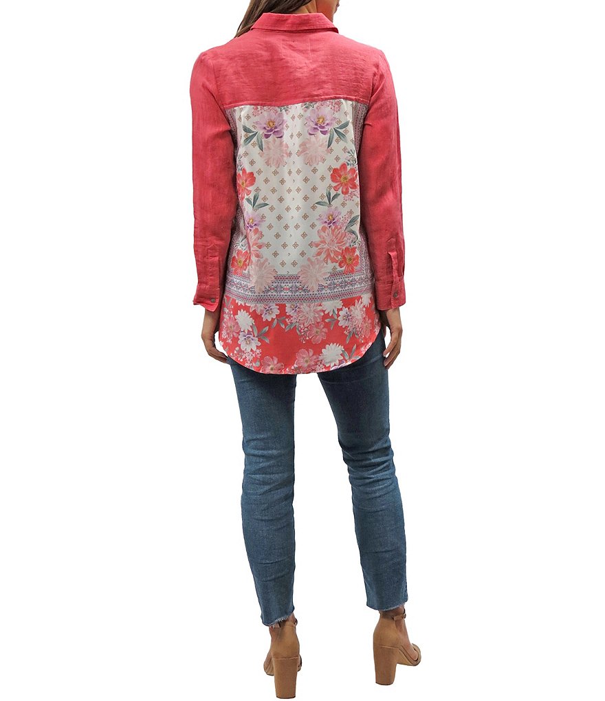 Karyn Seo Long Sleeve Coral Button Front & Floral Print Back Linen Blend Shirt