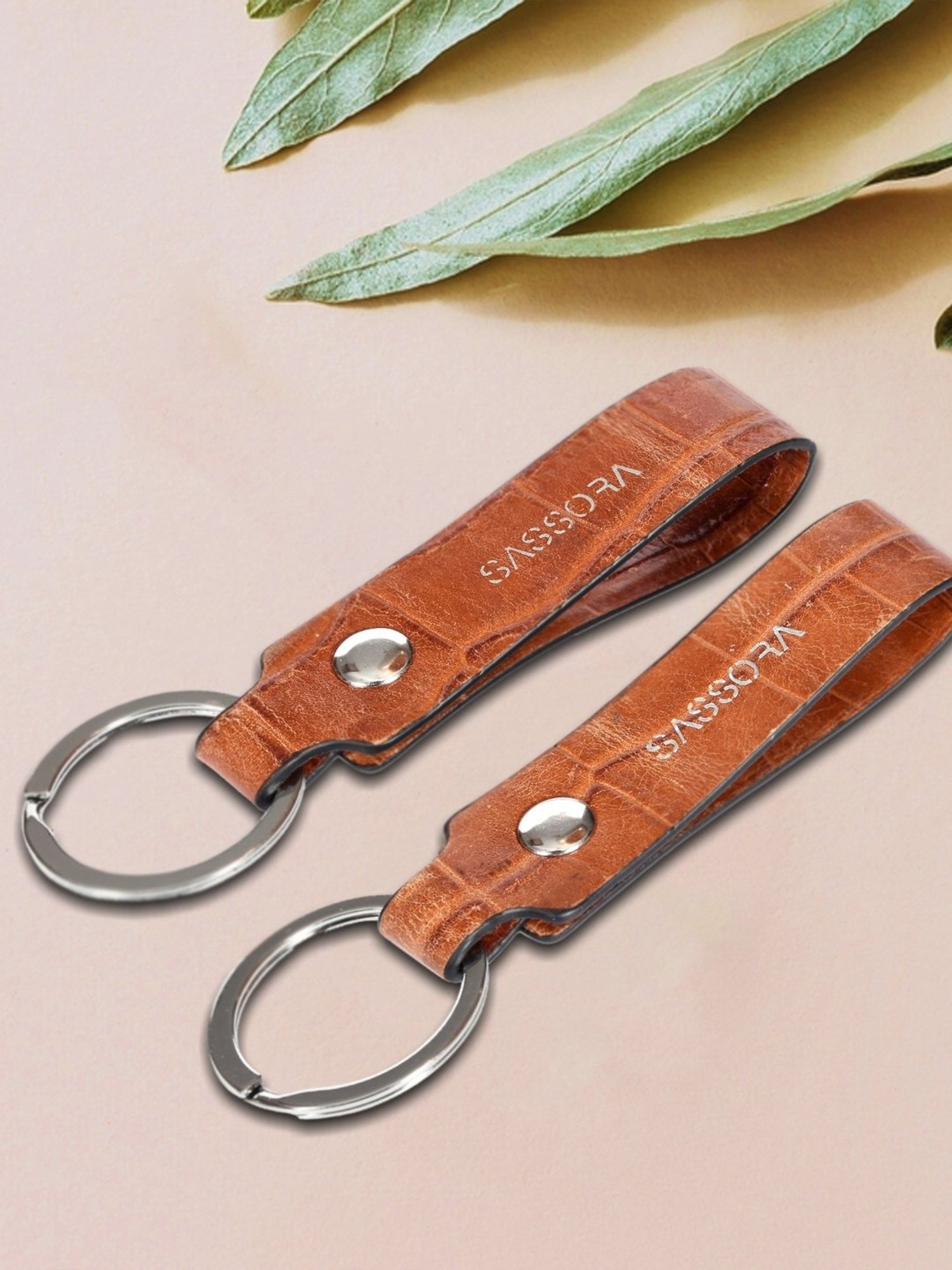 SASSORA Tan Leather Keychain Key Ring Holders Anniversary Gift, Birthday Gift - Pack of 2
