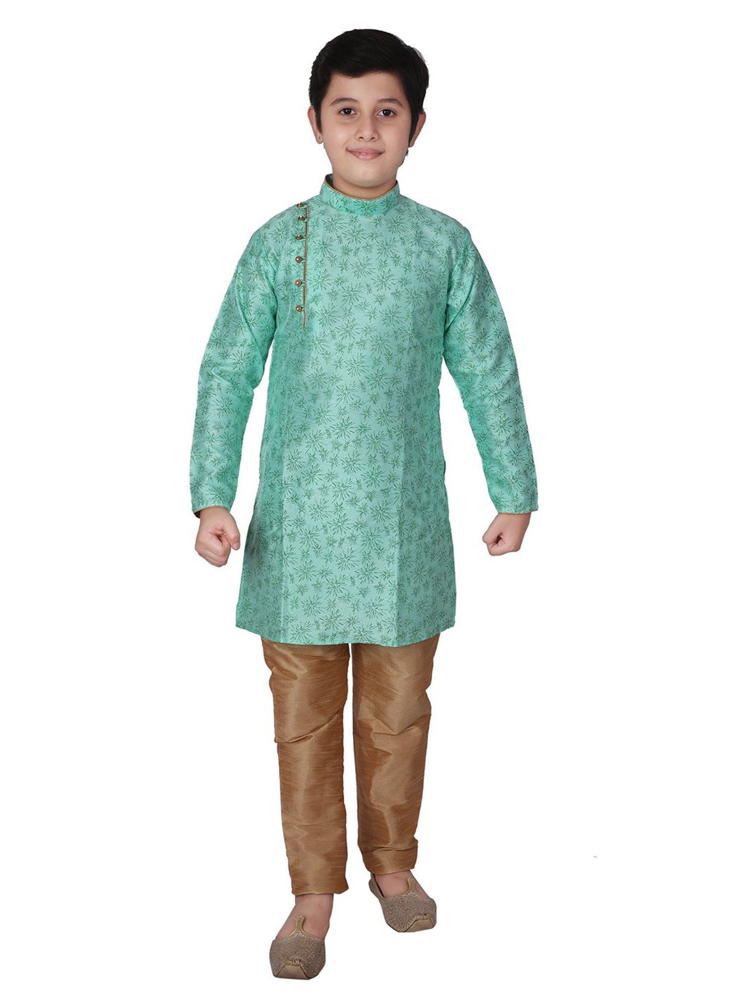 Pro-Ethic Style Developer Kids Mint Green & Brown Printed Full Sleeves Kurta with Churidar