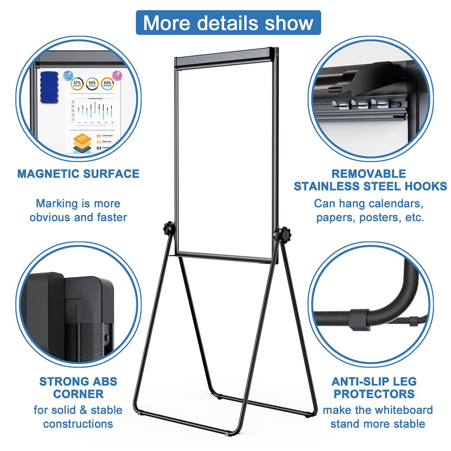 Double Sided White Board with Stands, Magnetic Whiteboard 40 x 28 inch Easel Stand, Height Adjustable Portable Dry Erase Board with 6 Magnets, 3 Markers, 1 Eraser for Home Office Teaching