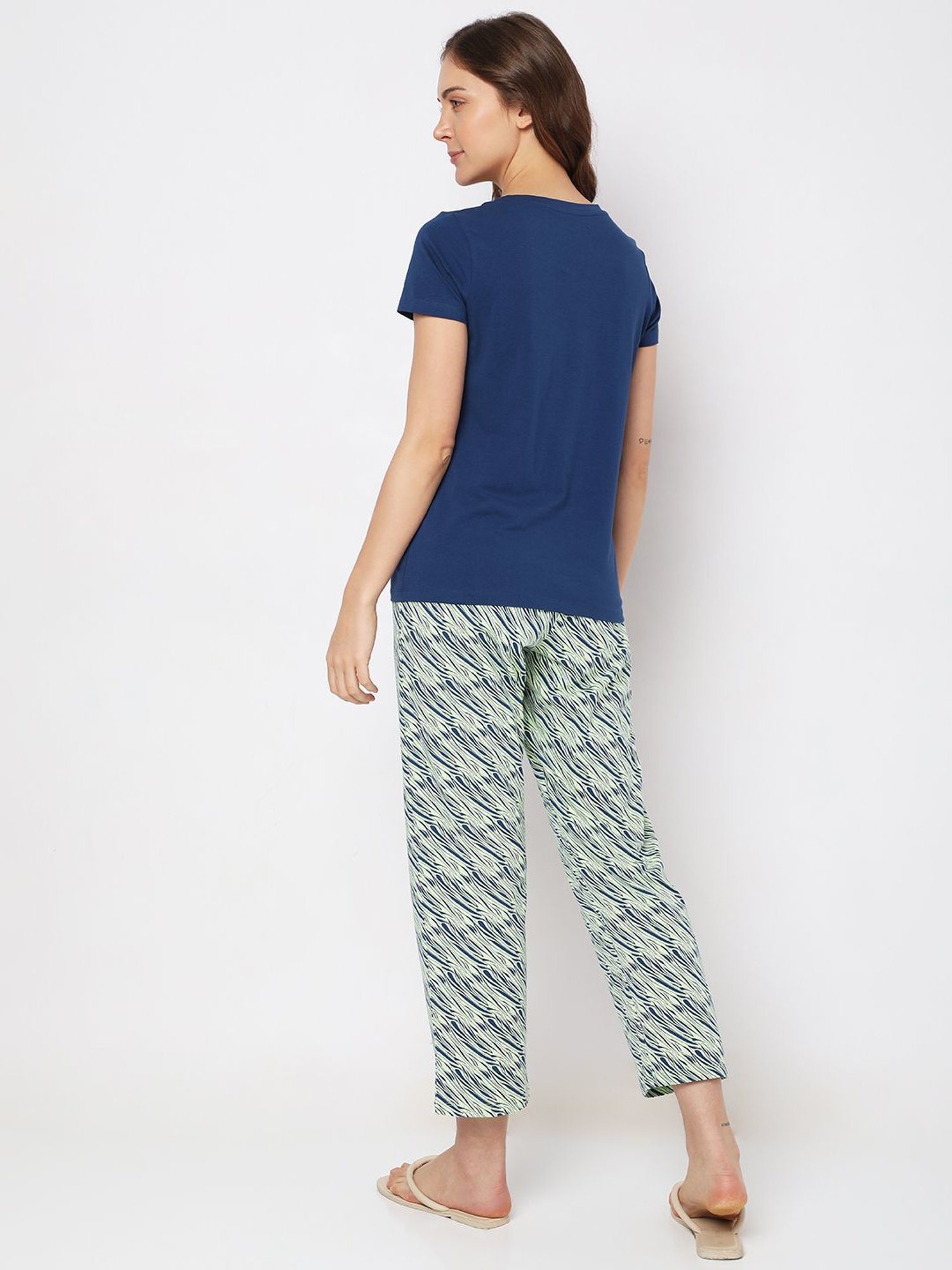 Vero Moda Intimates Navy & Beige Cotton Graphic Print T-Shirt With Pyjamas