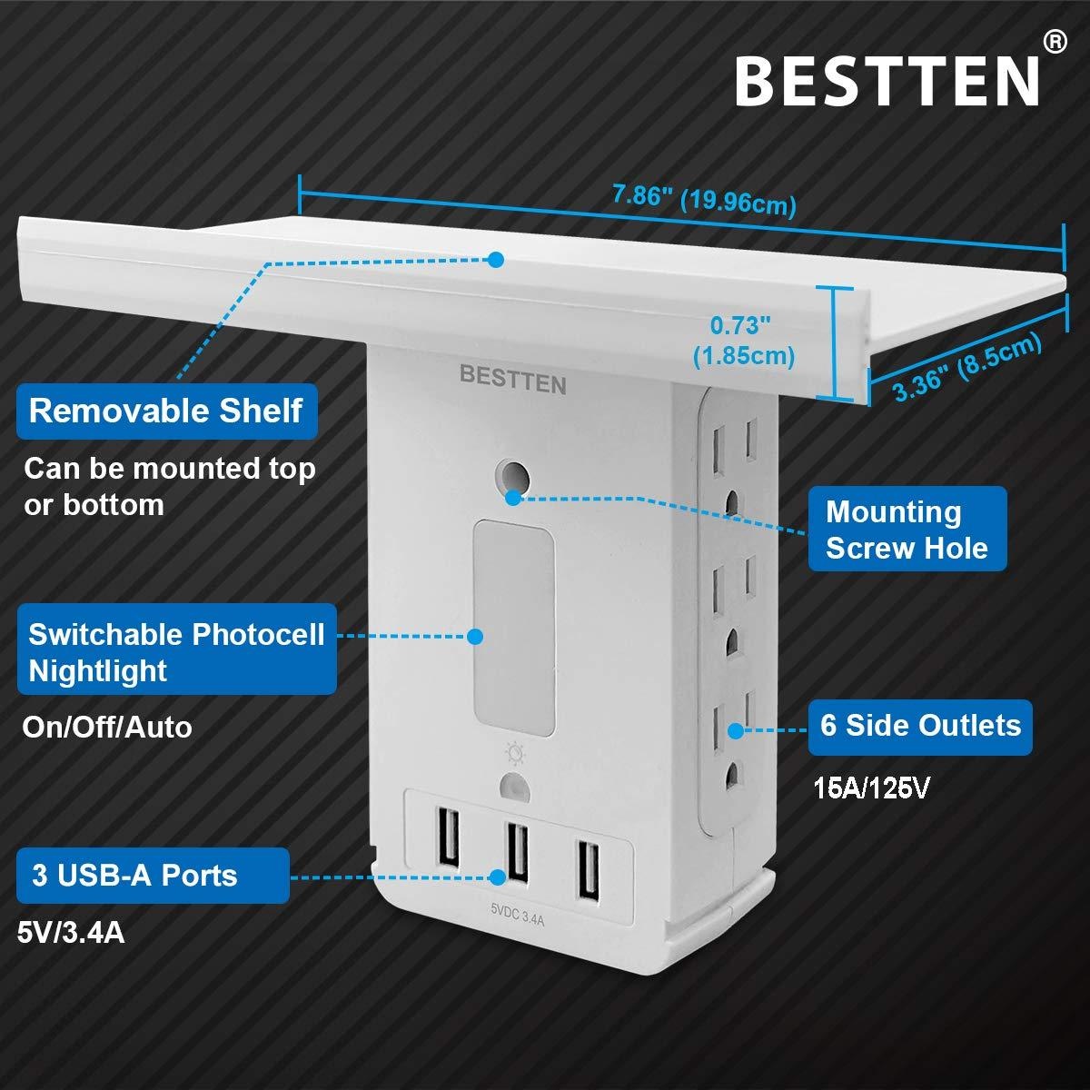 BESTTEN Surge Protector USB Wall Outlet with Shelf, 3 USB Charging Ports (5V/3.4A), 6 Side Outlet, LED Night Light, 1020 Joule Surge Rating and Removable Top Shelf, FCC and SGS Certified