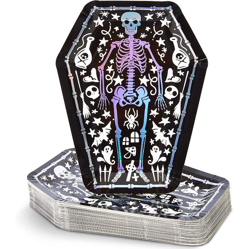 Spooky Central 48 Pack Skeleton Coffin Paper Plates, Black Halloween Party Supplies (9 In)