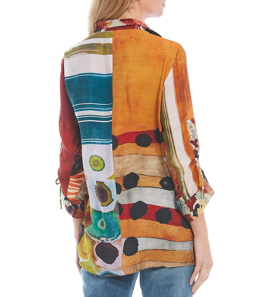 John Mark Printed 3/4 Cinch Sleeve Button Front Wire Neck Blouse