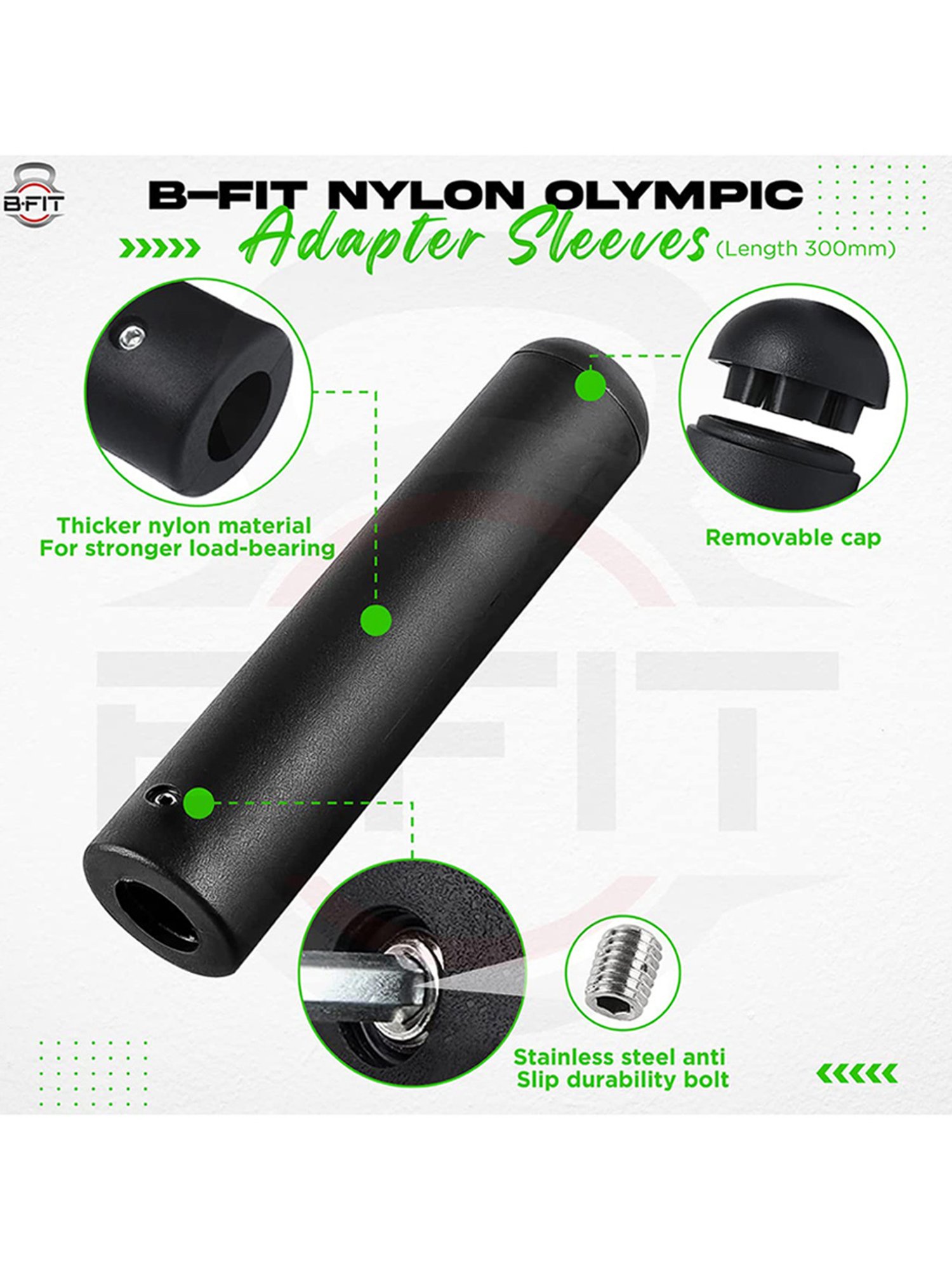 B Fit 2 Piece Nylon Adapter Sleeve 8", Convert 1" Bars or Posts to 2" Olympic Bars (Black)