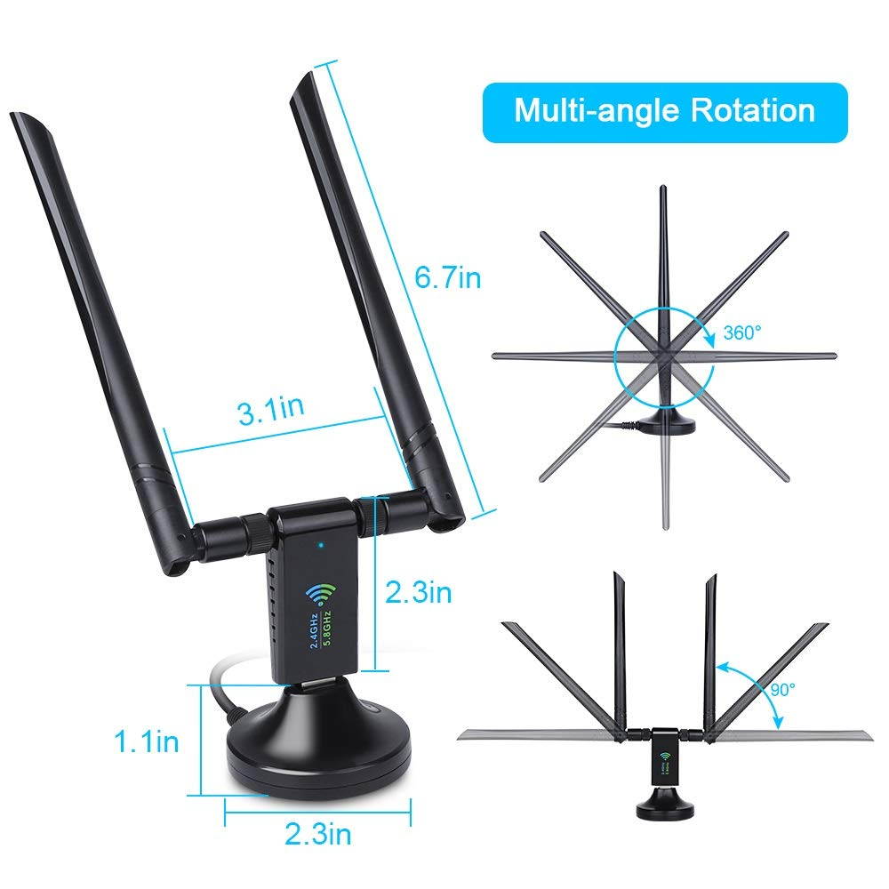 USB WiFi Adapter 1750Mbps,USB 3.0 Wireless Network WiFi Dongle with Dual 5dBi Antenna, 802.11ac Dual Band 2.4GHz/5.8GHz for Desktop Laptop PC, Supports Windows XP/Vista/7/8/10 Linux Mac