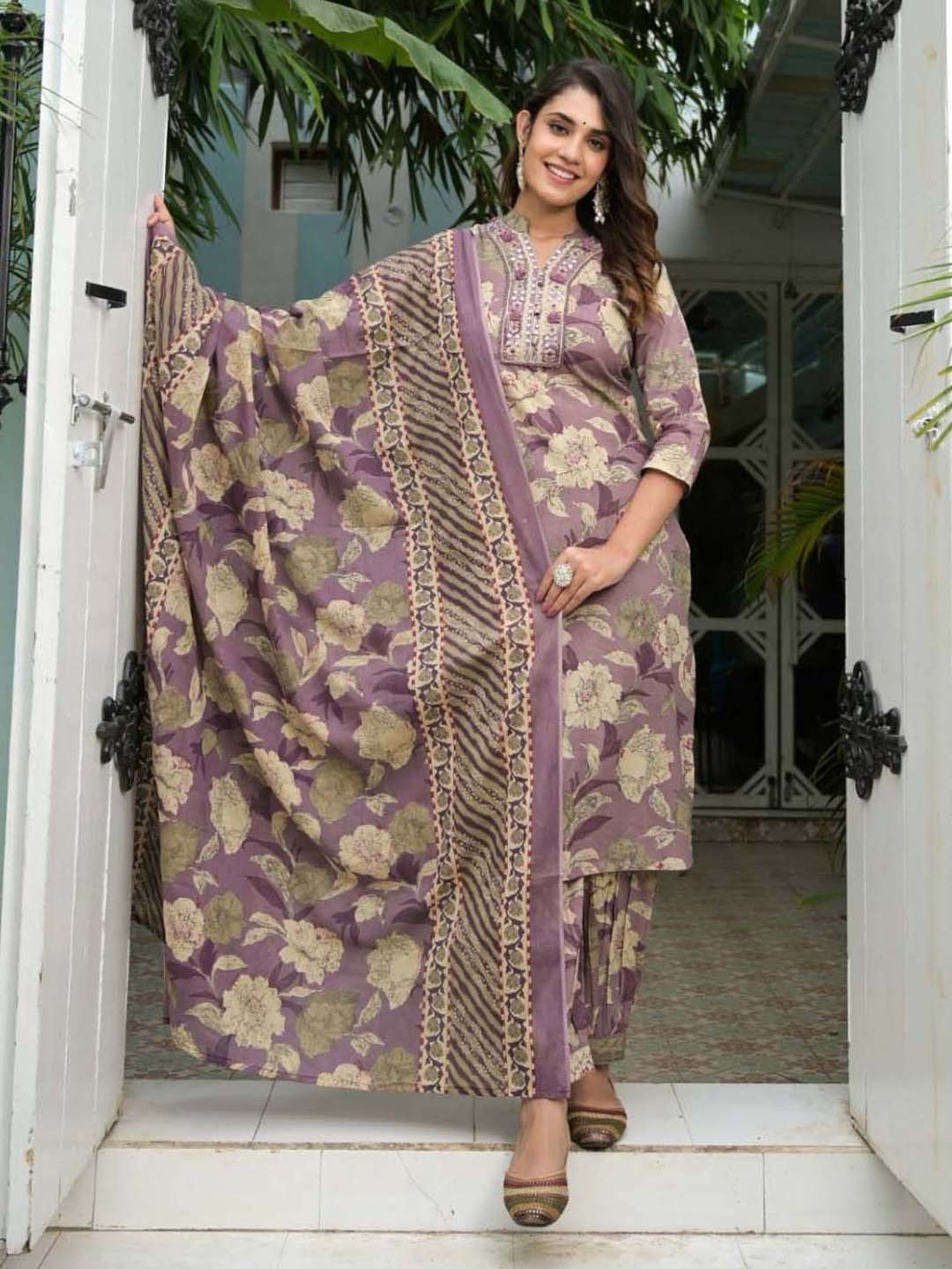 Varanga Purple Cotton Printed Kurta Salwar Set With Dupatta